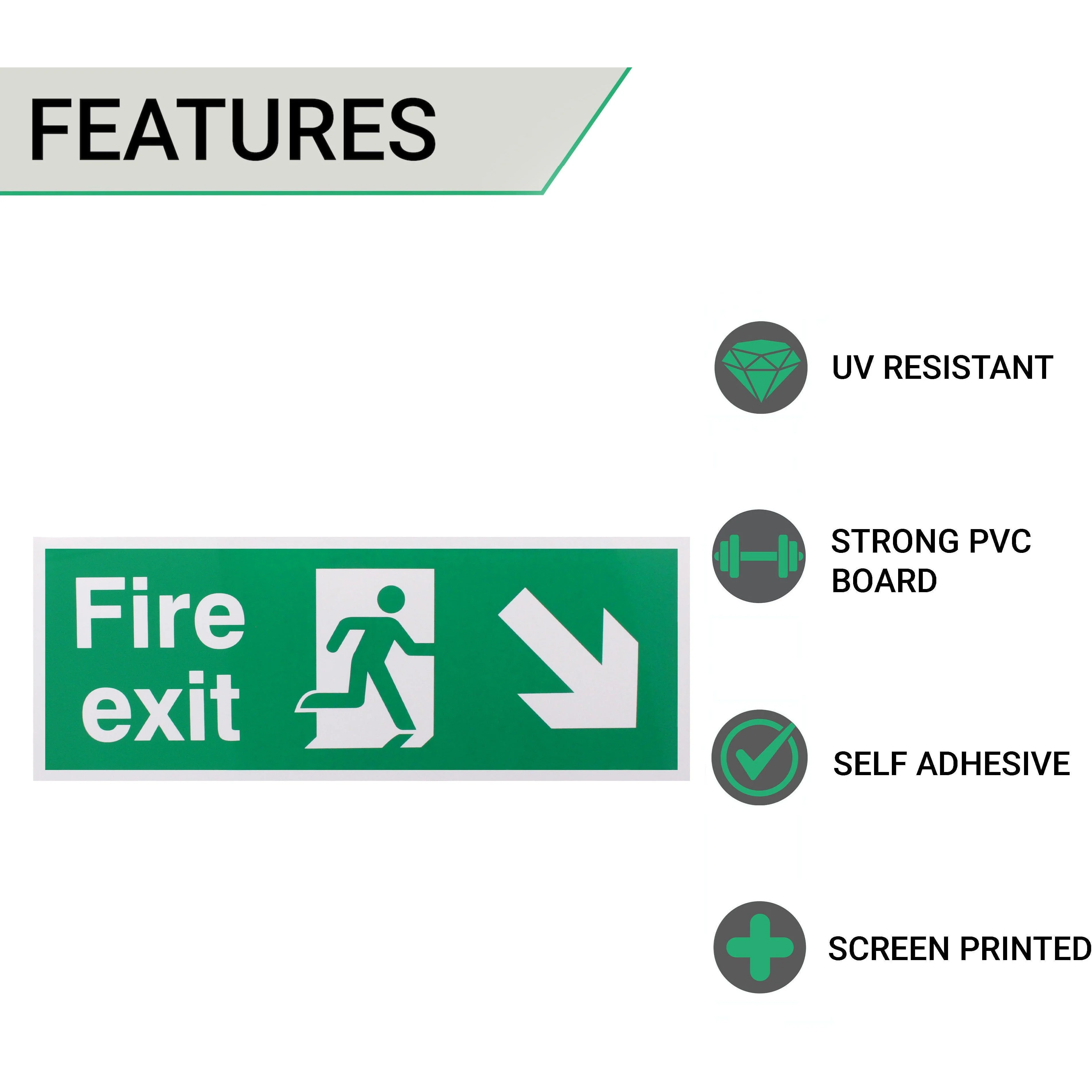 Fire Exit Sign Arrow Man Down Right 400x150mm Self Adh Semi Rigid PVC - Image 2