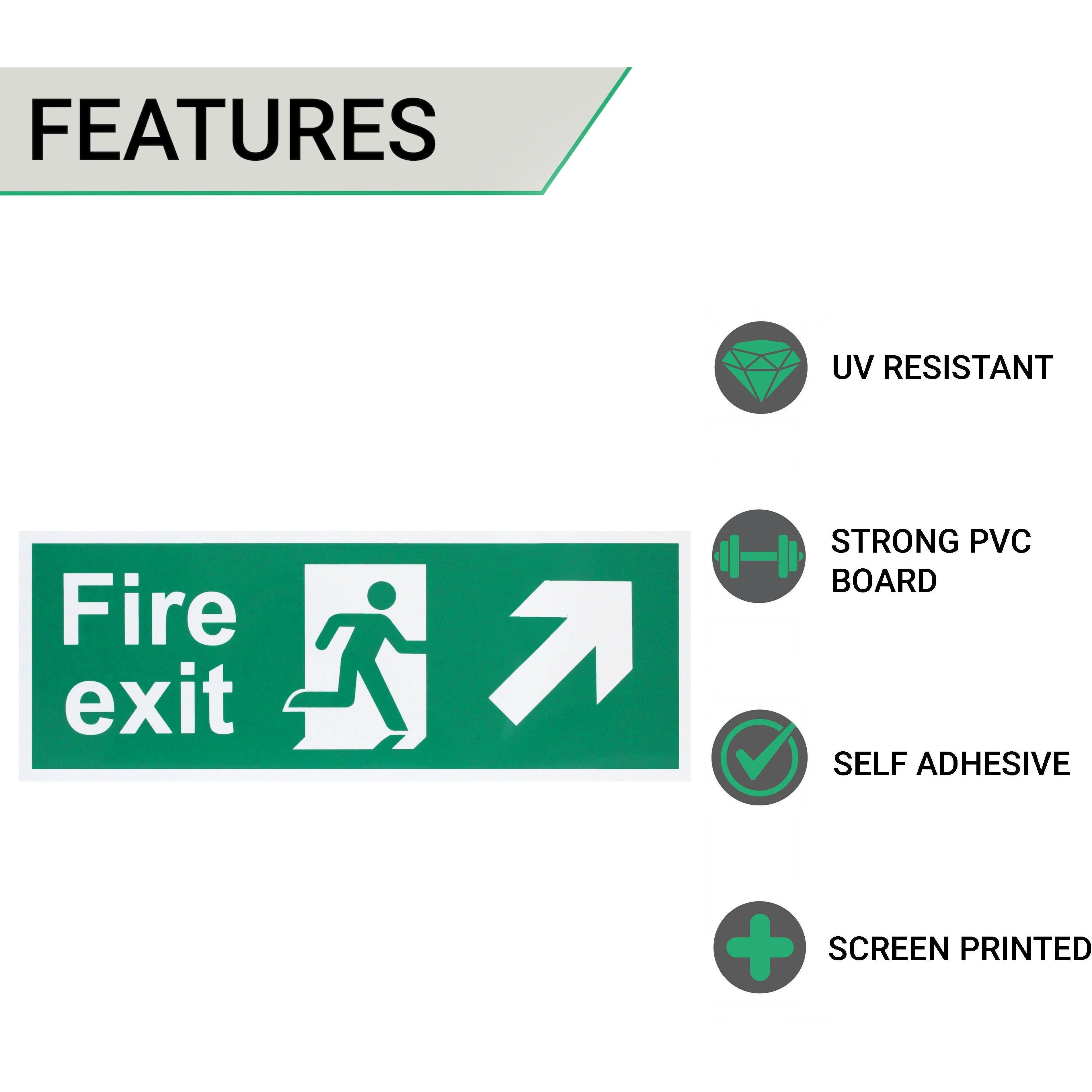 Fire Exit Sign Arrow Man Up RIGHT 400x150mm Self Adh Semi Rigid PVC - Image 2