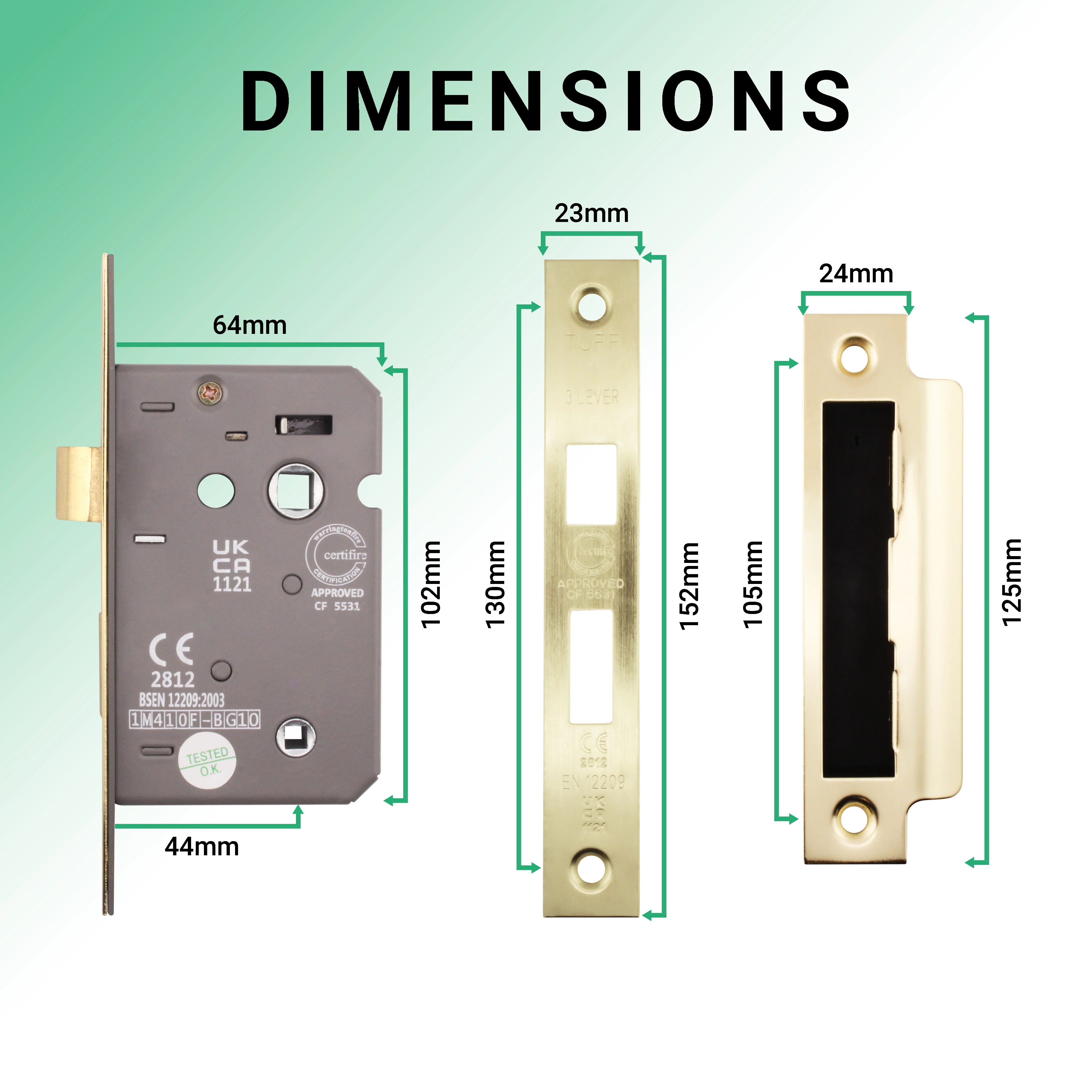 Mortice Fire Rated Bathroom Lock - 64mm Case Size - 44mm Backset - Satin Brass - Image 4