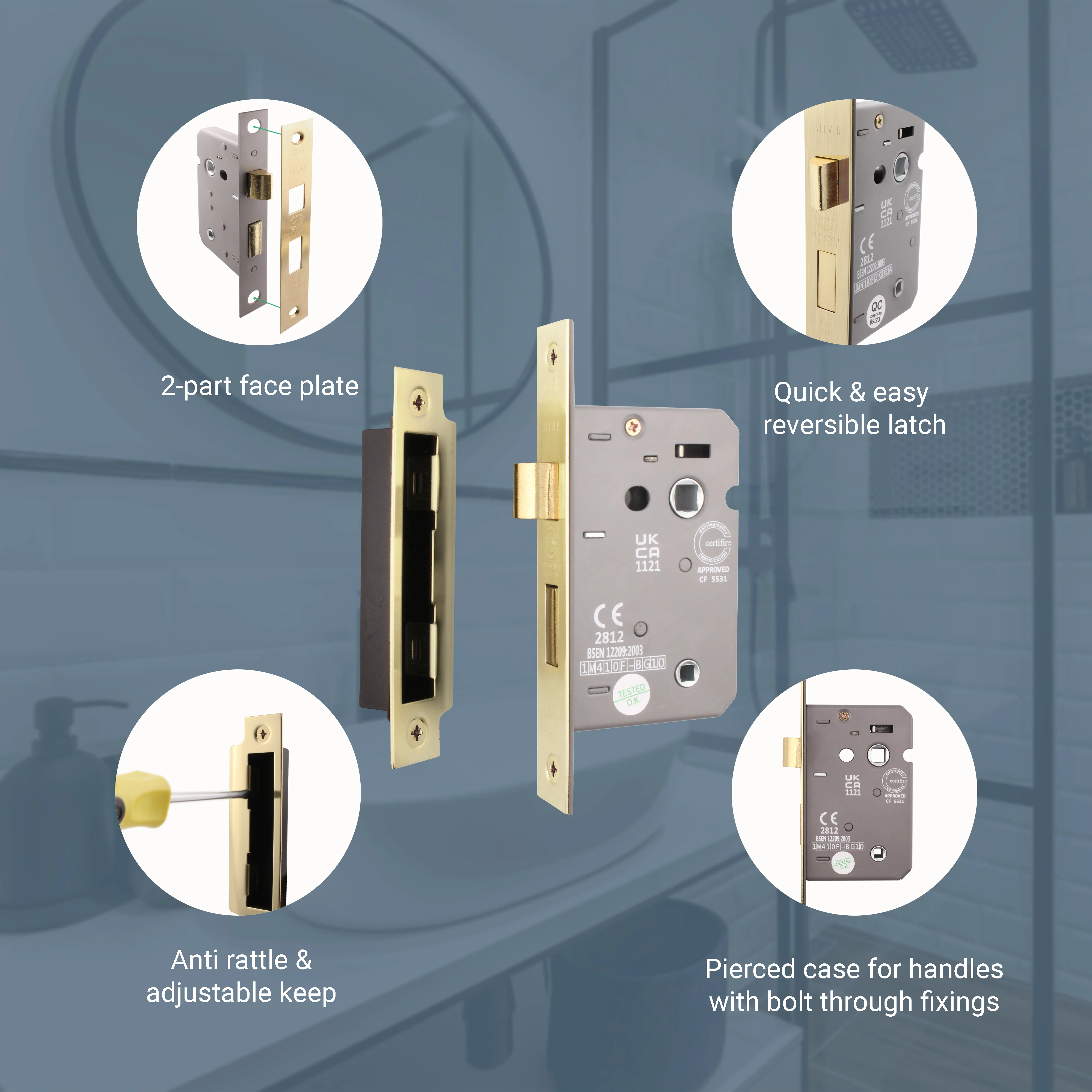 Mortice Fire Rated Bathroom Lock - 64mm Case Size - 44mm Backset - Satin Brass - Image 6
