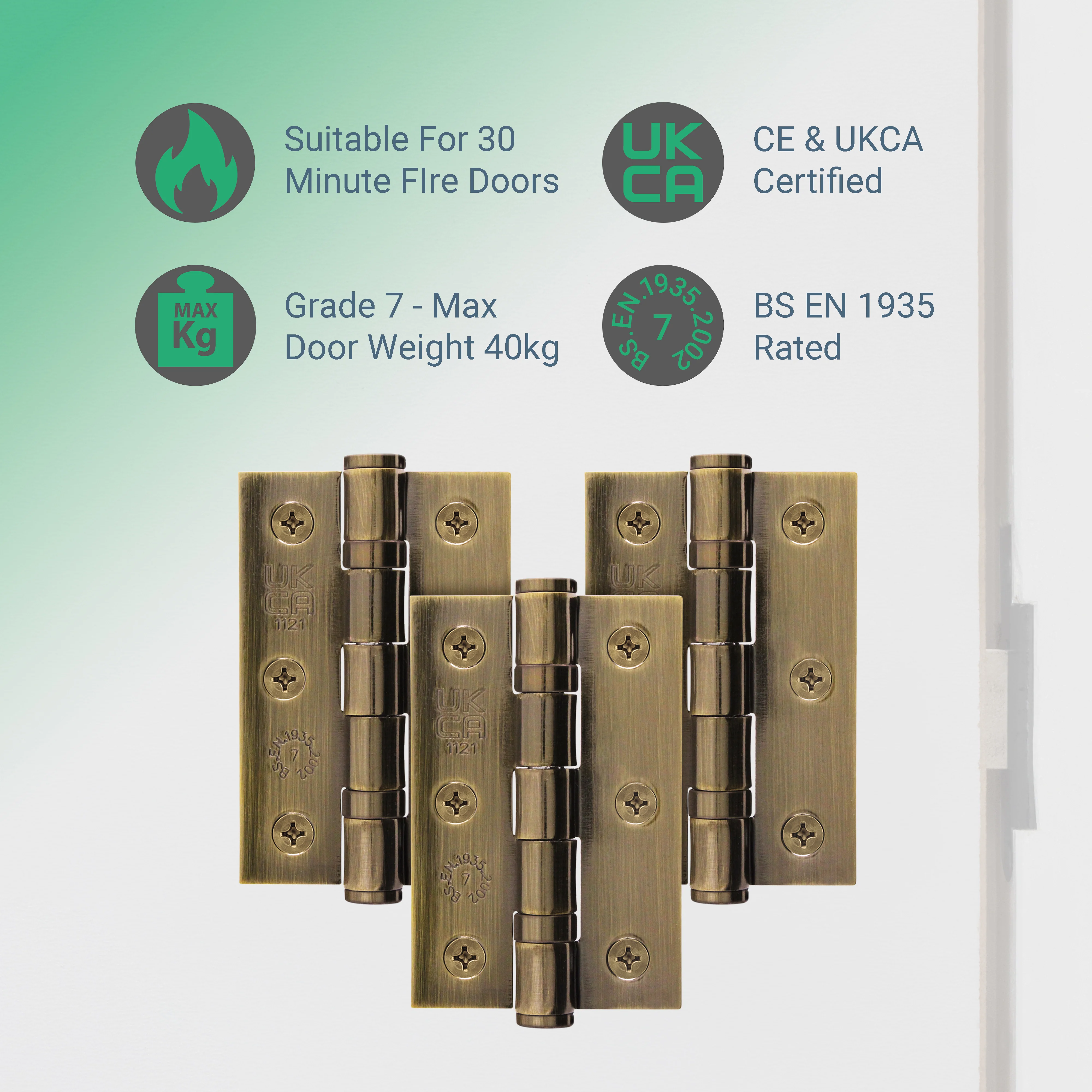 Florentine Bronze Fire Door Hinges - 3 Inch/76mm - Grade 7 Ball Bearing - Pack of 3 Hinges - Image 2