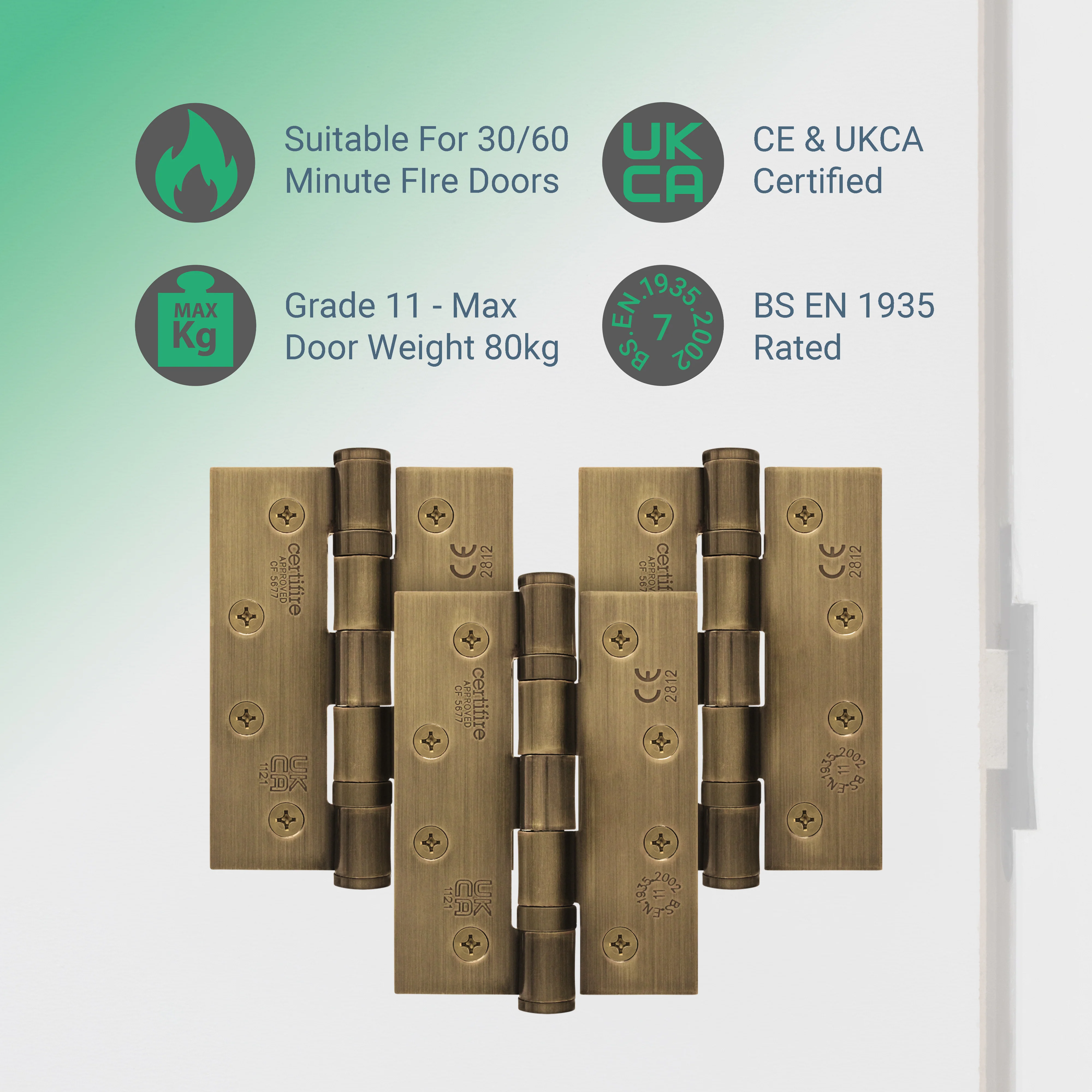 Florentine Bronze Fire Door Hinges – 4 Inch/102mm – Grade 11 Steel Ball Bearing – Pack of 3 Hinges - Image 2