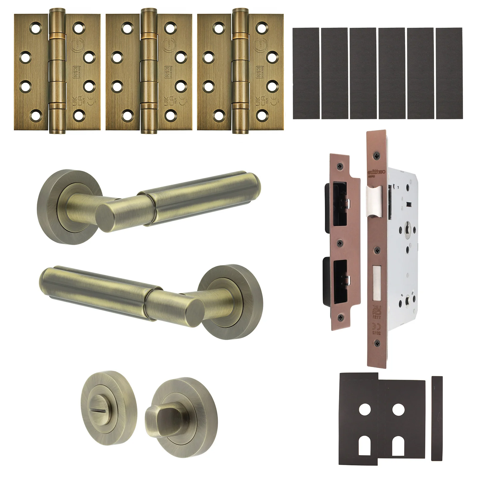 Flores Antique Brass Lever on Rose Door Handle Kit - Heavy Duty FD30/60 - DIN Bathroom Lock