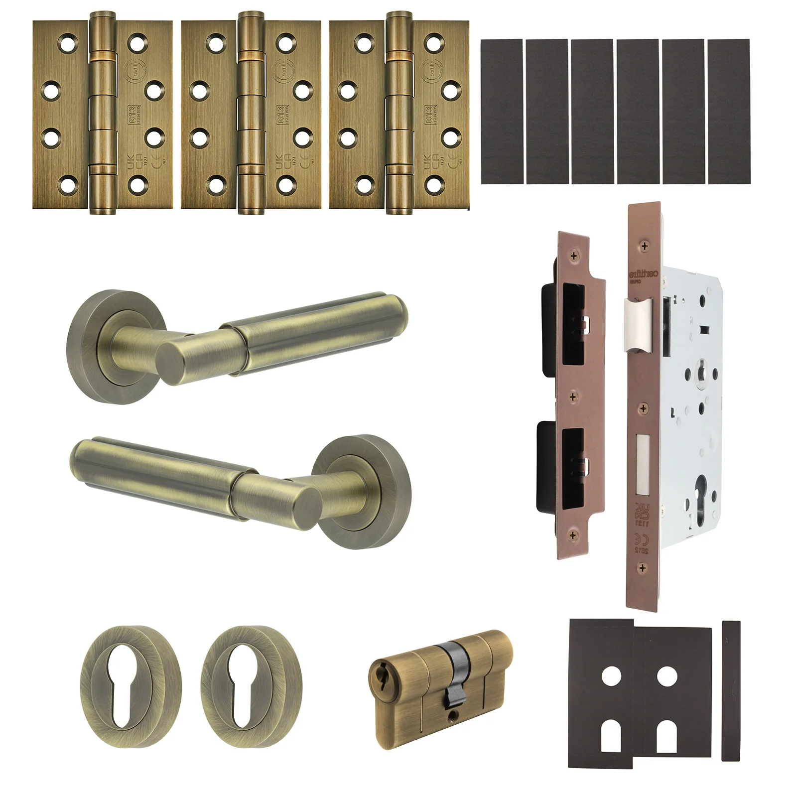 Flores Antique Brass Lever on Rose Door Handle Kit - Heavy Duty FD30/60 - DIN Euro Sashlock and Double Cylinder - Keyed Alike