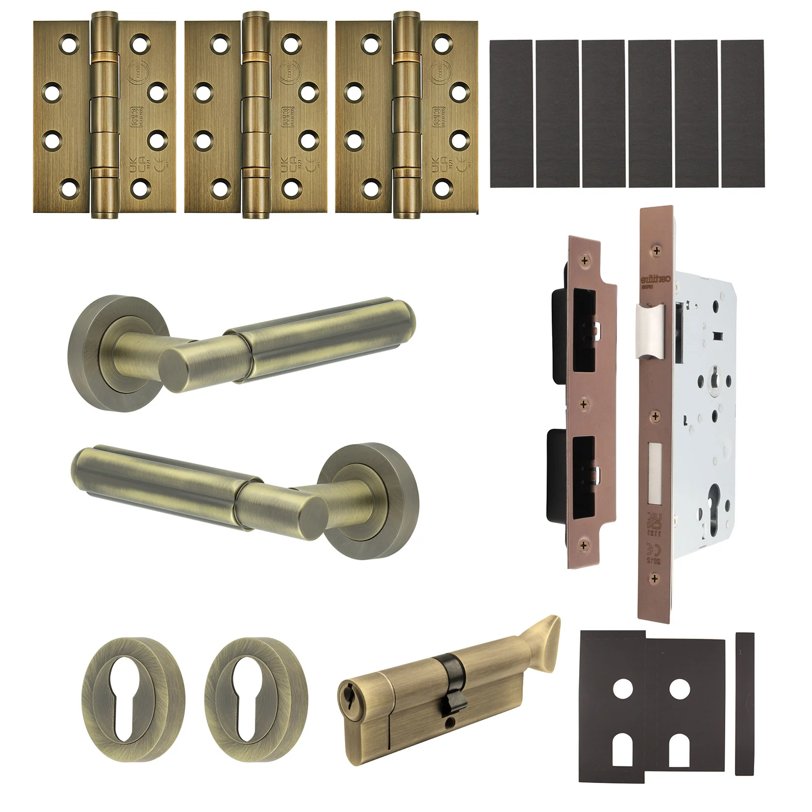 Flores Antique Brass Lever on Rose Door Handle Kit - Heavy Duty FD30/60 - DIN Euro Sashlock and Thumbturn Cylinder - Keyed Alike