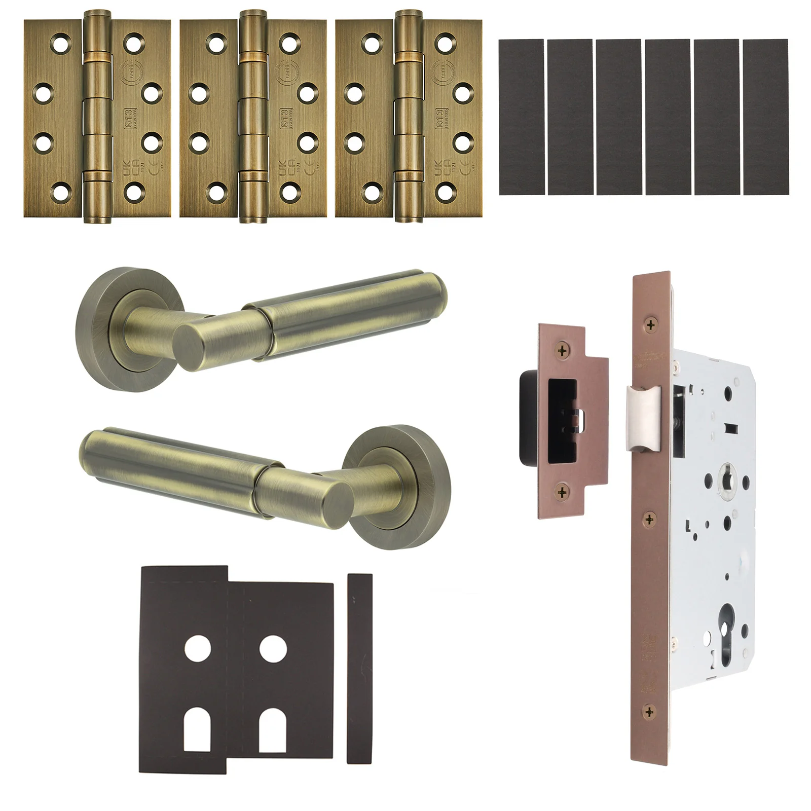 Flores Antique Brass Lever on Rose Door Handle Kit - Heavy Duty FD30/60 - DIN Latch