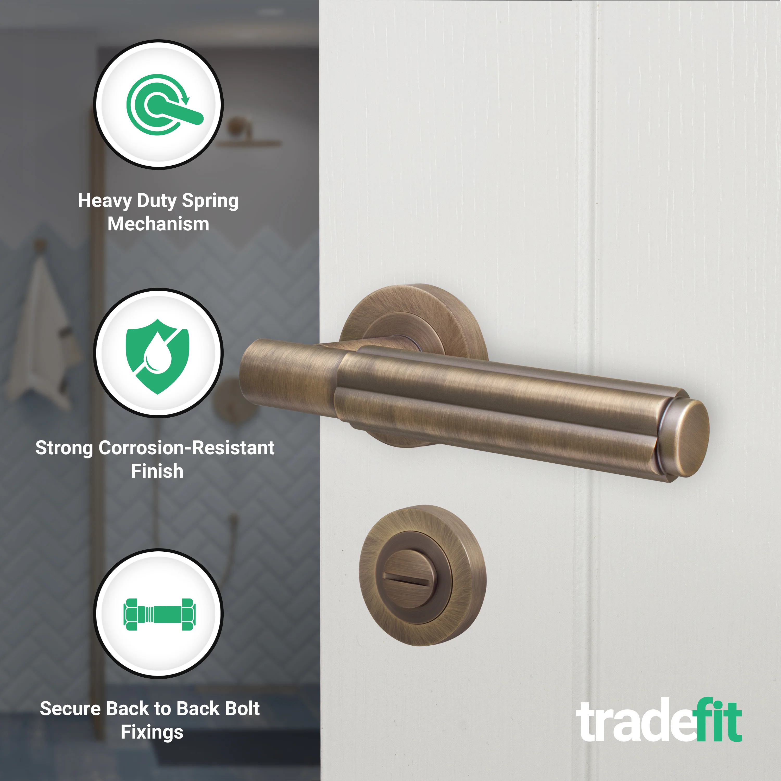 Flores Antique Brass Lever on Rose Door Handle Kit - 64mm Bathroom Lock - Image 2