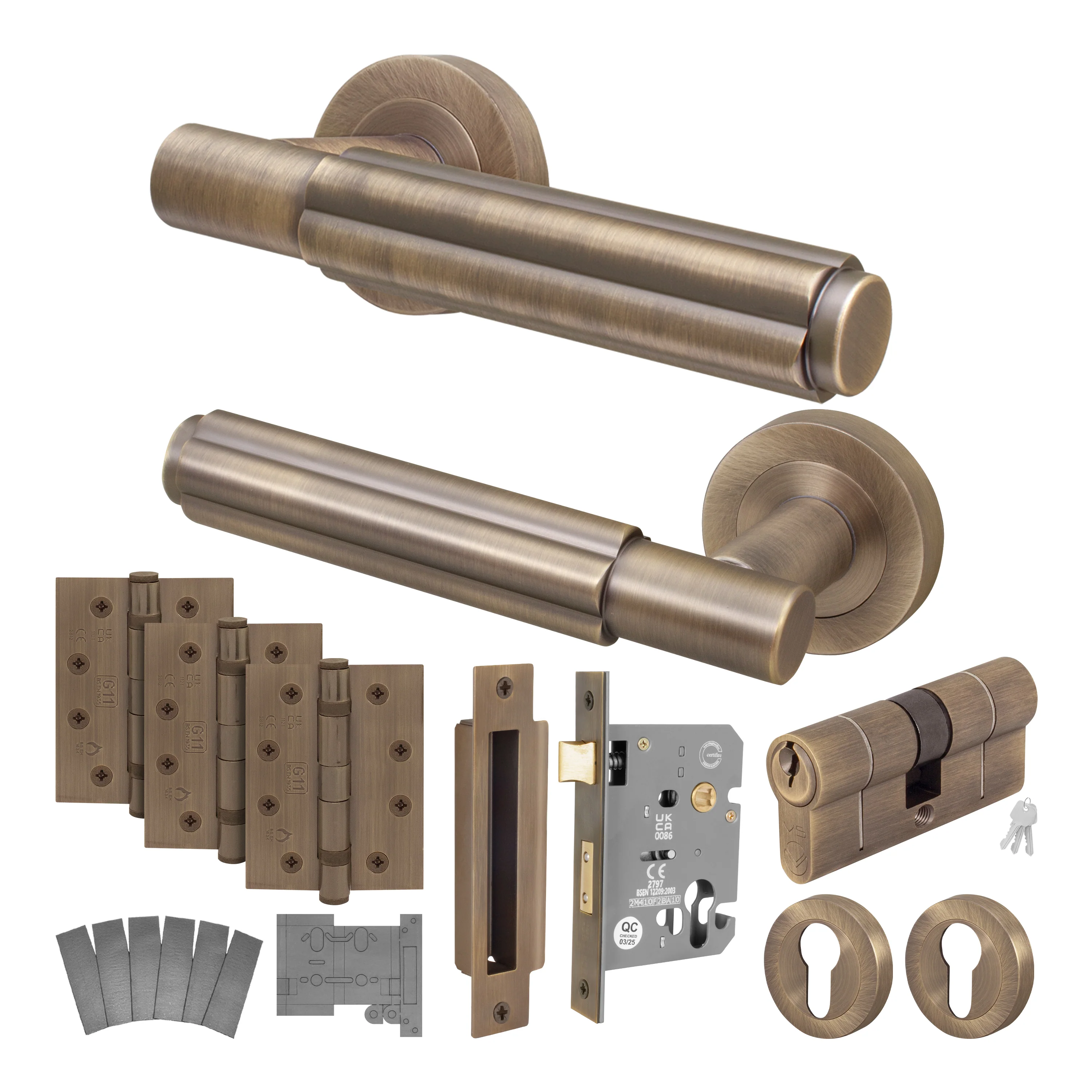 Flores Antique Brass Lever on Rose Door Handle Kit - Medium Duty FD30/60 - 80mm Euro Sashlock and Double Cylinder - Keyed Alike