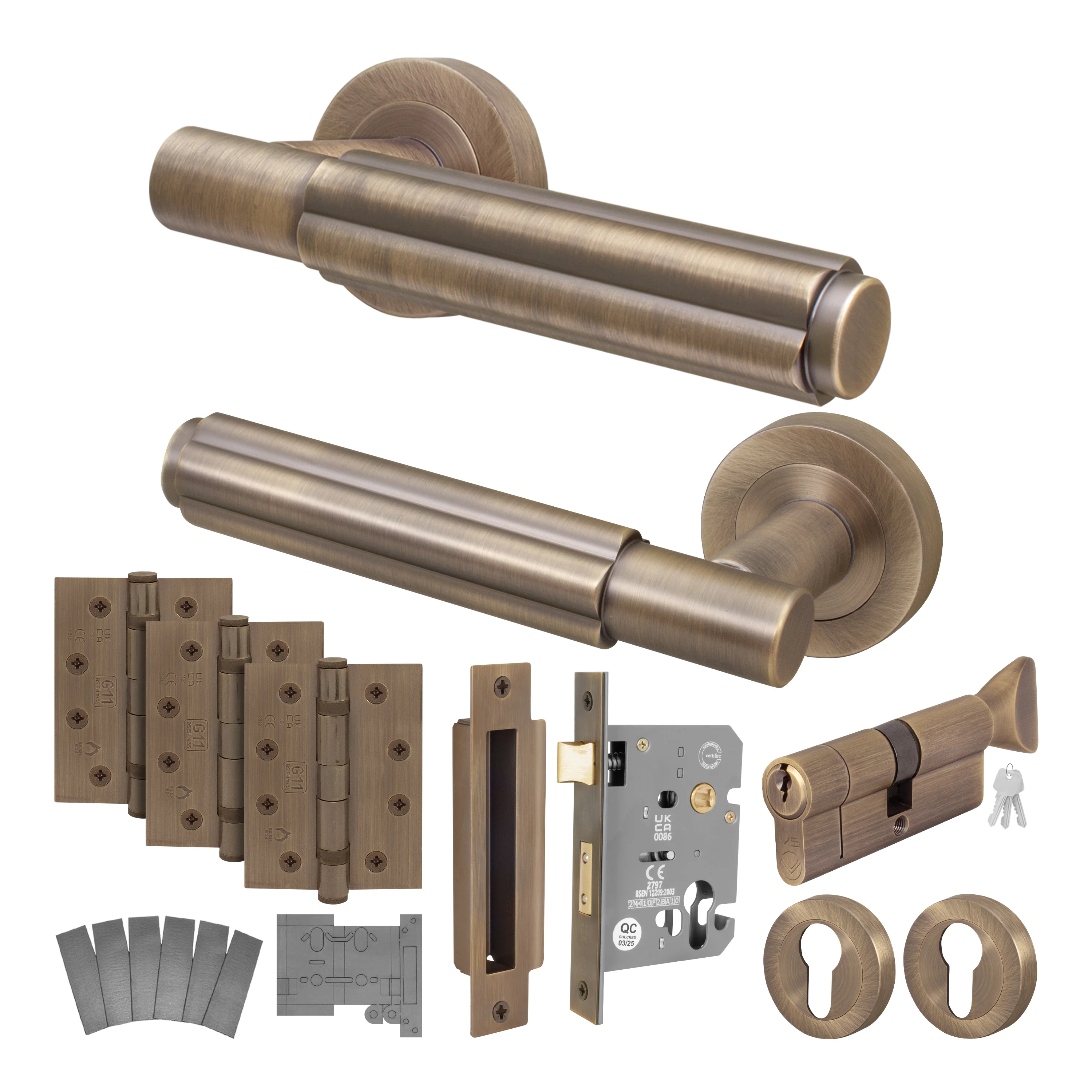Flores Antique Brass Lever on Rose Door Handle Kit - Medium Duty FD30/60 - 80mm Euro Sashlock and Thumbturn Cylinder - Keyed Alike