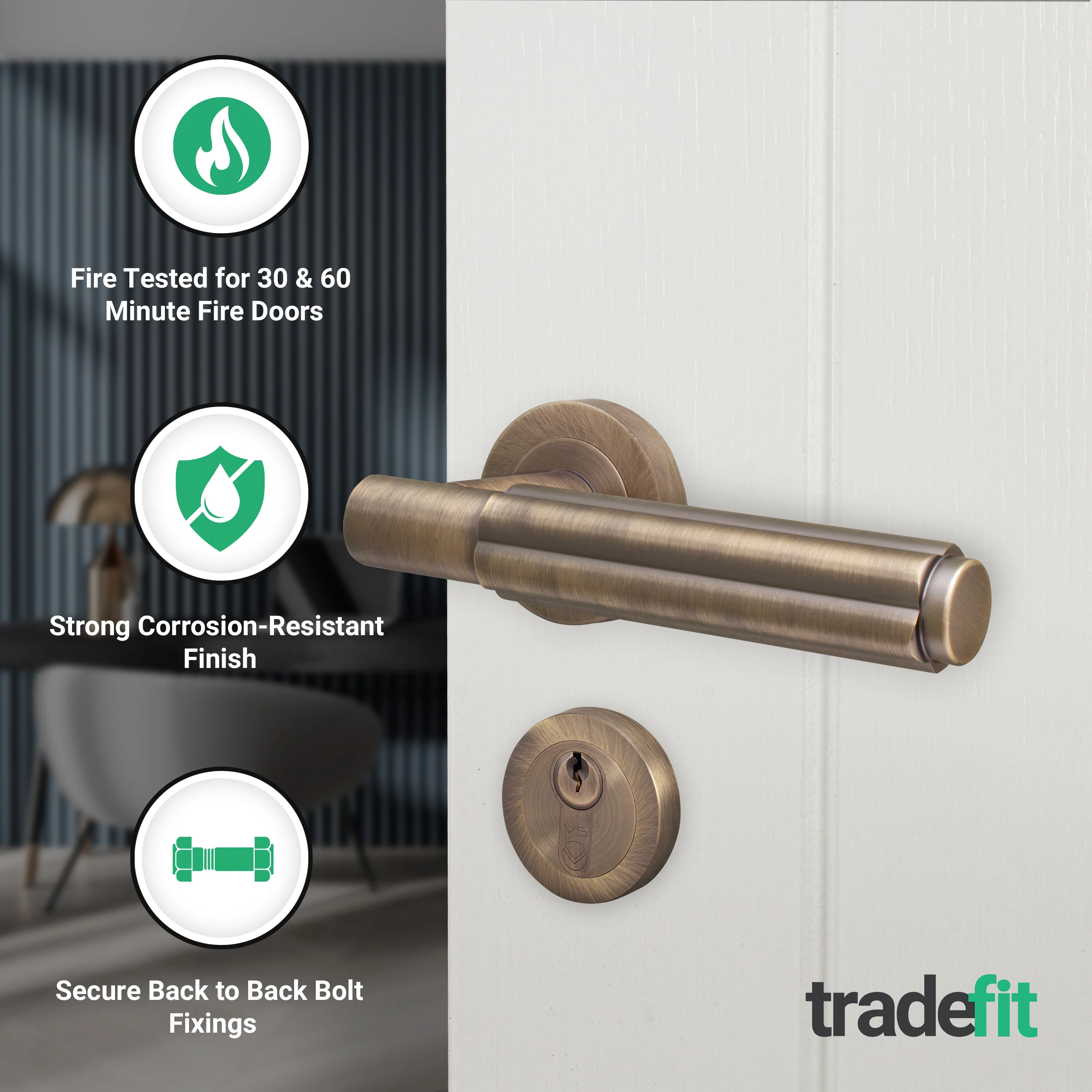 Flores Antique Brass Lever on Rose Door Handle Kit - Medium Duty FD30/60 - 80mm Euro Sashlock and Thumbturn Cylinder - Keyed to Differ - Image 2