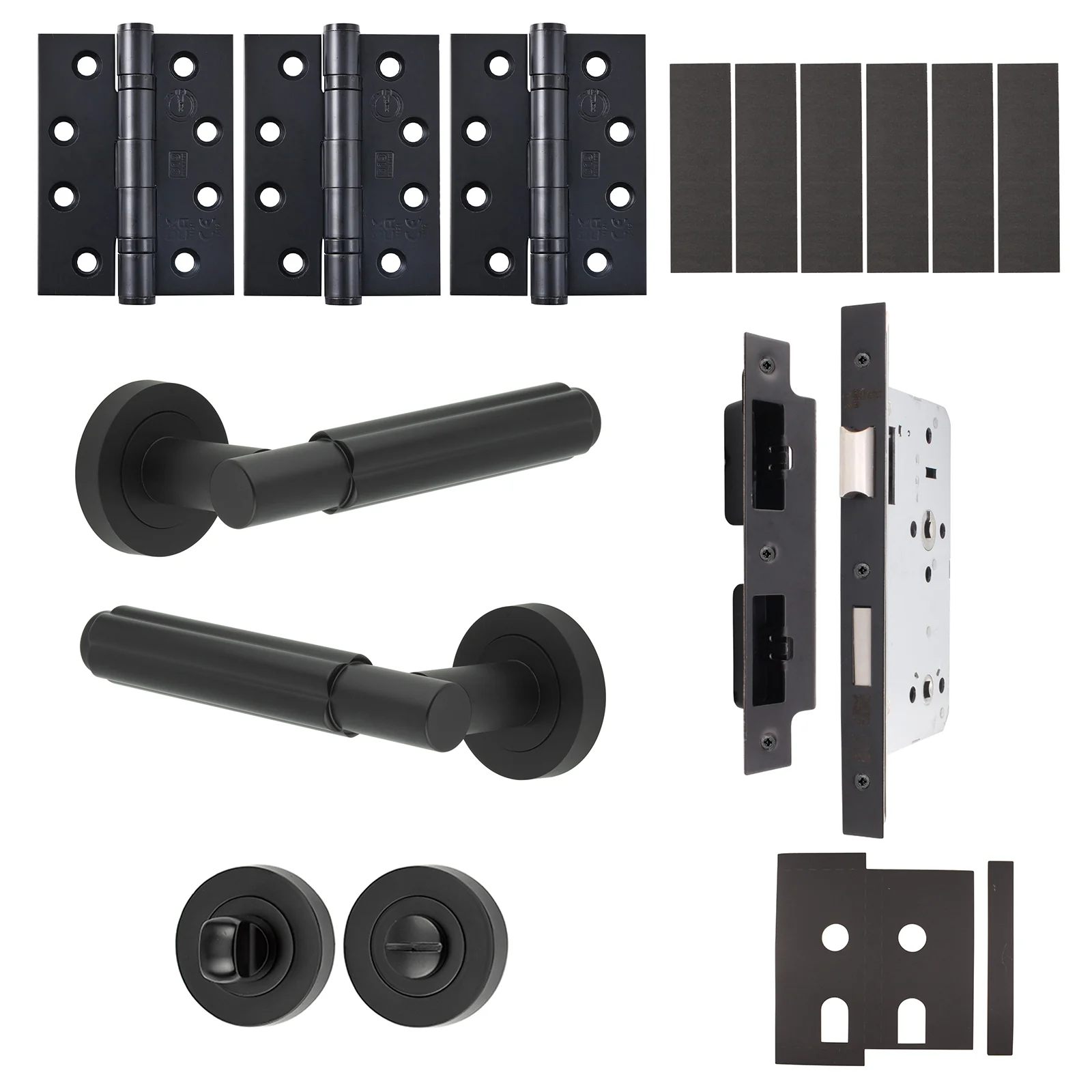 Flores Matt Black Lever on Rose Door Handle Kit - Heavy Duty FD30/60 - DIN Bathroom Lock