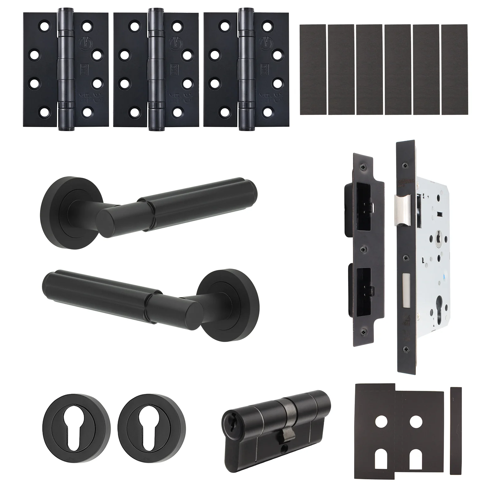 Flores Matt Black Lever on Rose Door Handle Kit - Heavy Duty FD30/60 - DIN Euro Sashlock and Double Cylinder - Keyed Alike