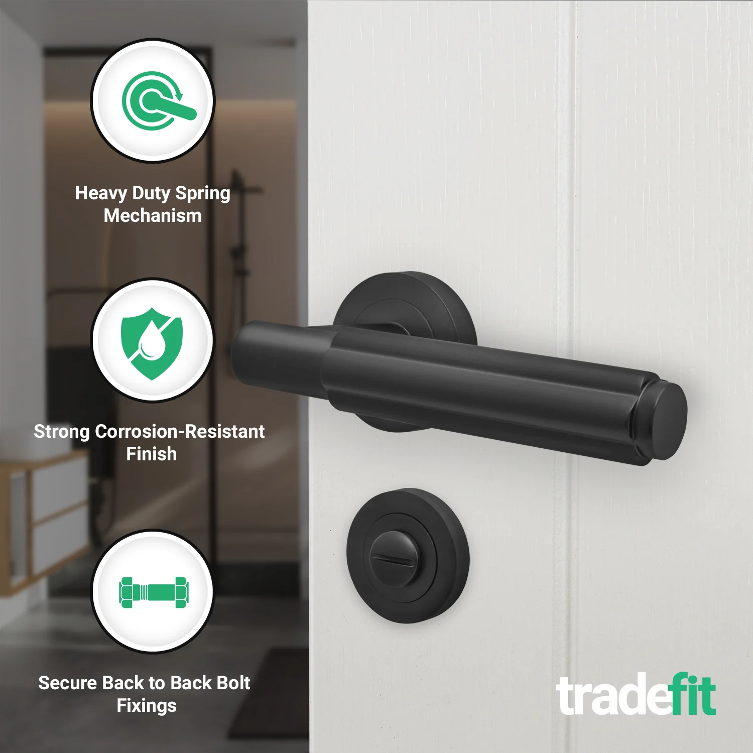 Flores Matt Black Lever on Rose Door Handle Kit - 64mm Bathroom Lock - Image 2
