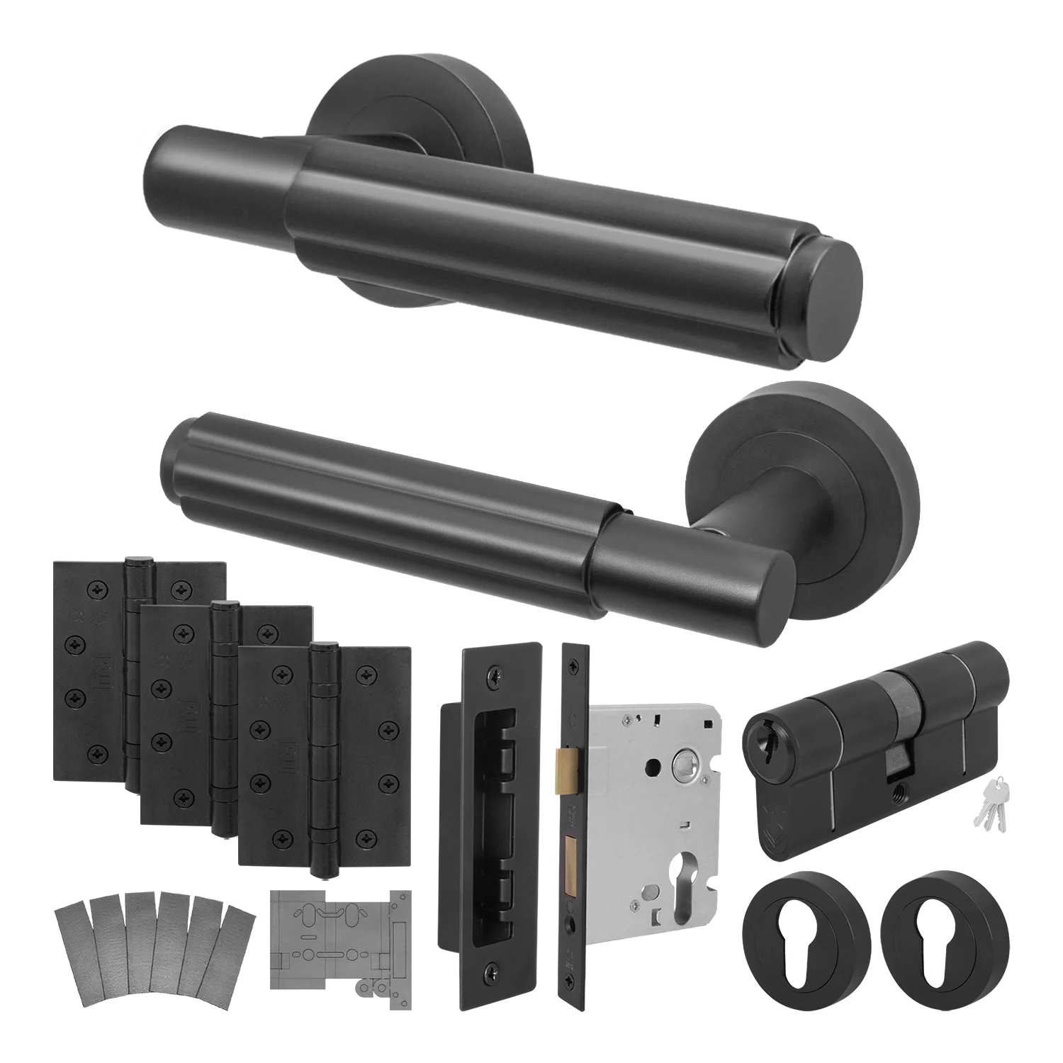 Flores Matt Black Lever on Rose Door Handle Kit - Medium Duty FD30/60 - 80mm Euro Sashlock and Double Cylinder - Keyed Alike