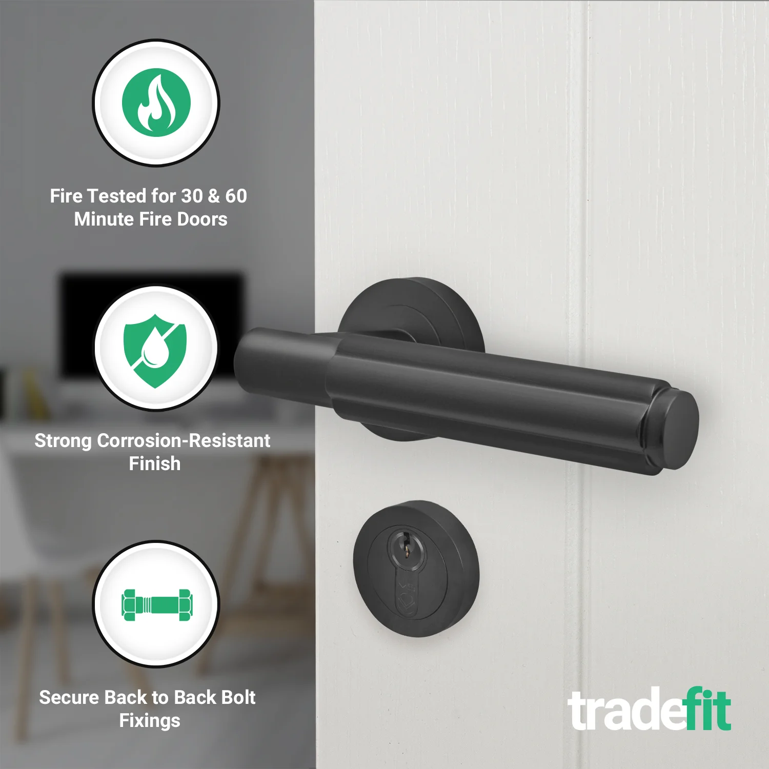 Flores Matt Black Lever on Rose Door Handle Kit - Medium Duty FD30/60 - 80mm Euro Sashlock and Thumbturn Cylinder - Keyed to Differ - Image 2