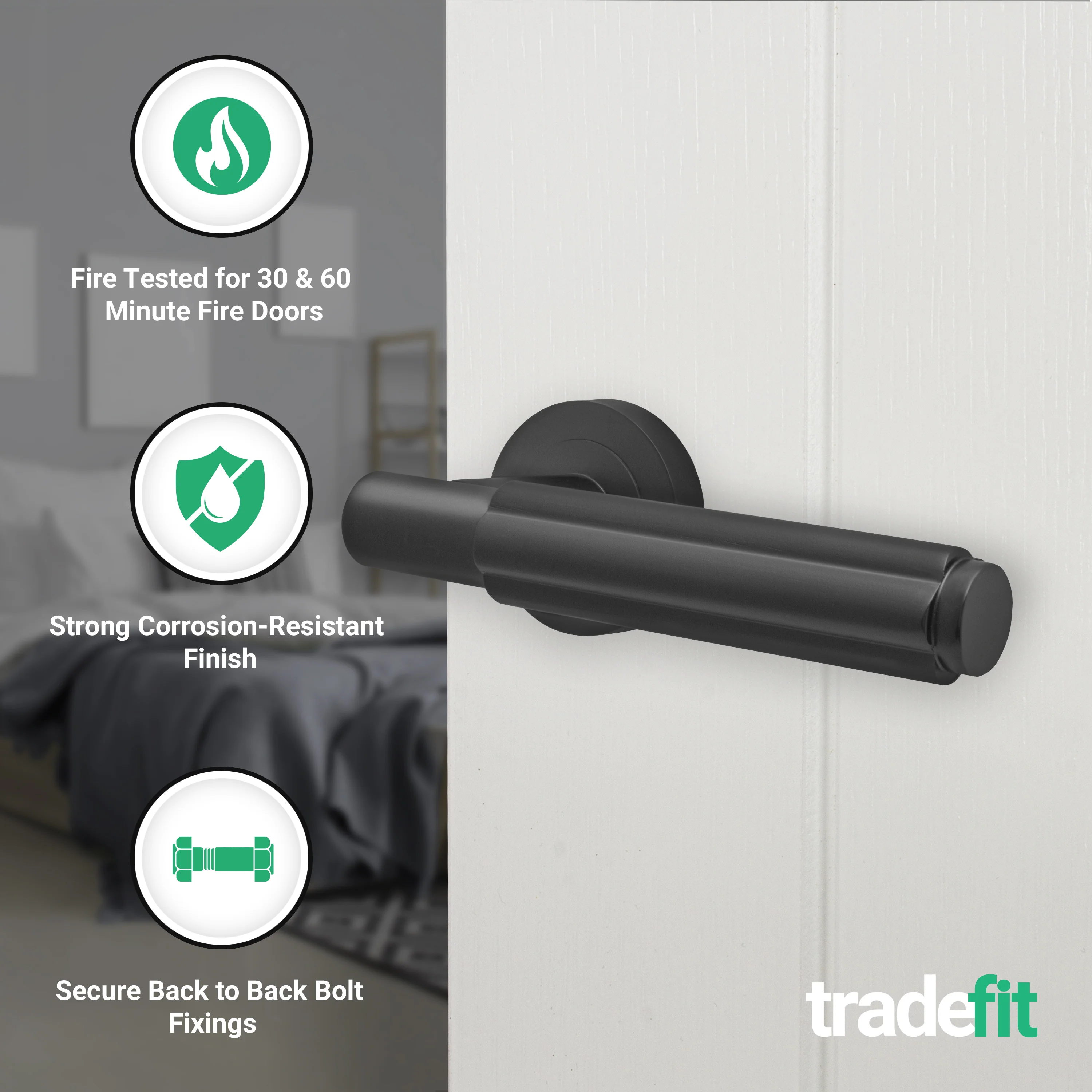 Flores Matt Black Lever on Rose Door Handles - Heavy Duty - FD30/60 Rated - Image 2
