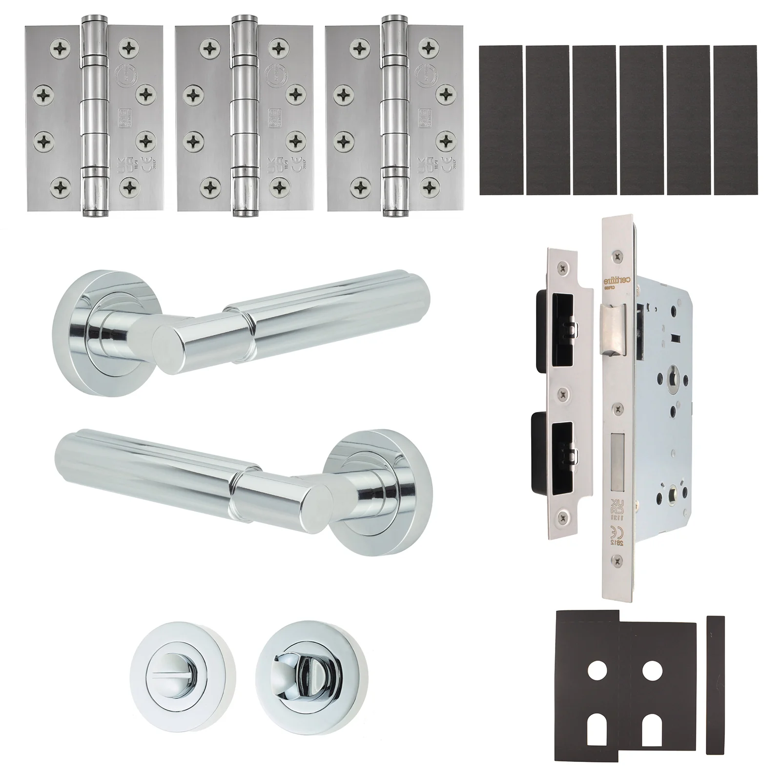 Flores Polished Chrome Lever on Rose Door Handle Kit - Heavy Duty FD30/60 - DIN Bathroom Lock