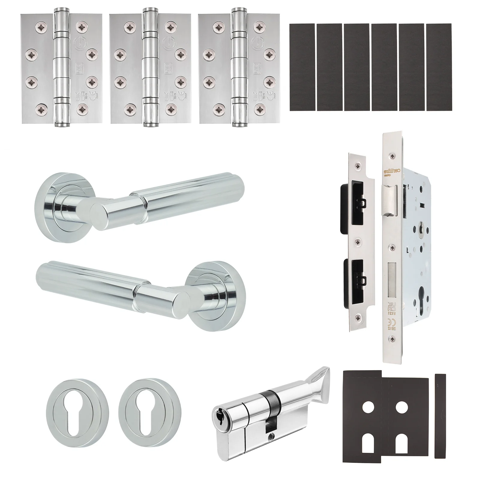 Flores Polished Chrome Lever on Rose Door Handle Kit - Heavy Duty FD30/60 - DIN Euro Sashlock and Thumbturn Cylinder - Keyed Alike