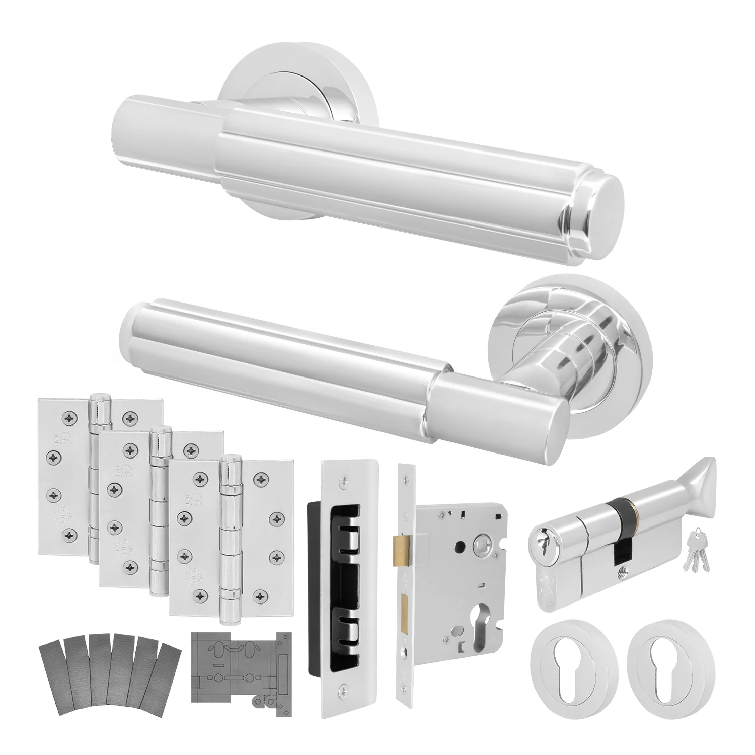 Flores Polished Chrome Lever on Rose Door Handle Kit - Medium Duty FD30/60 - 80mm Euro Sashlock and Thumbturn Cylinder - Keyed to Differ