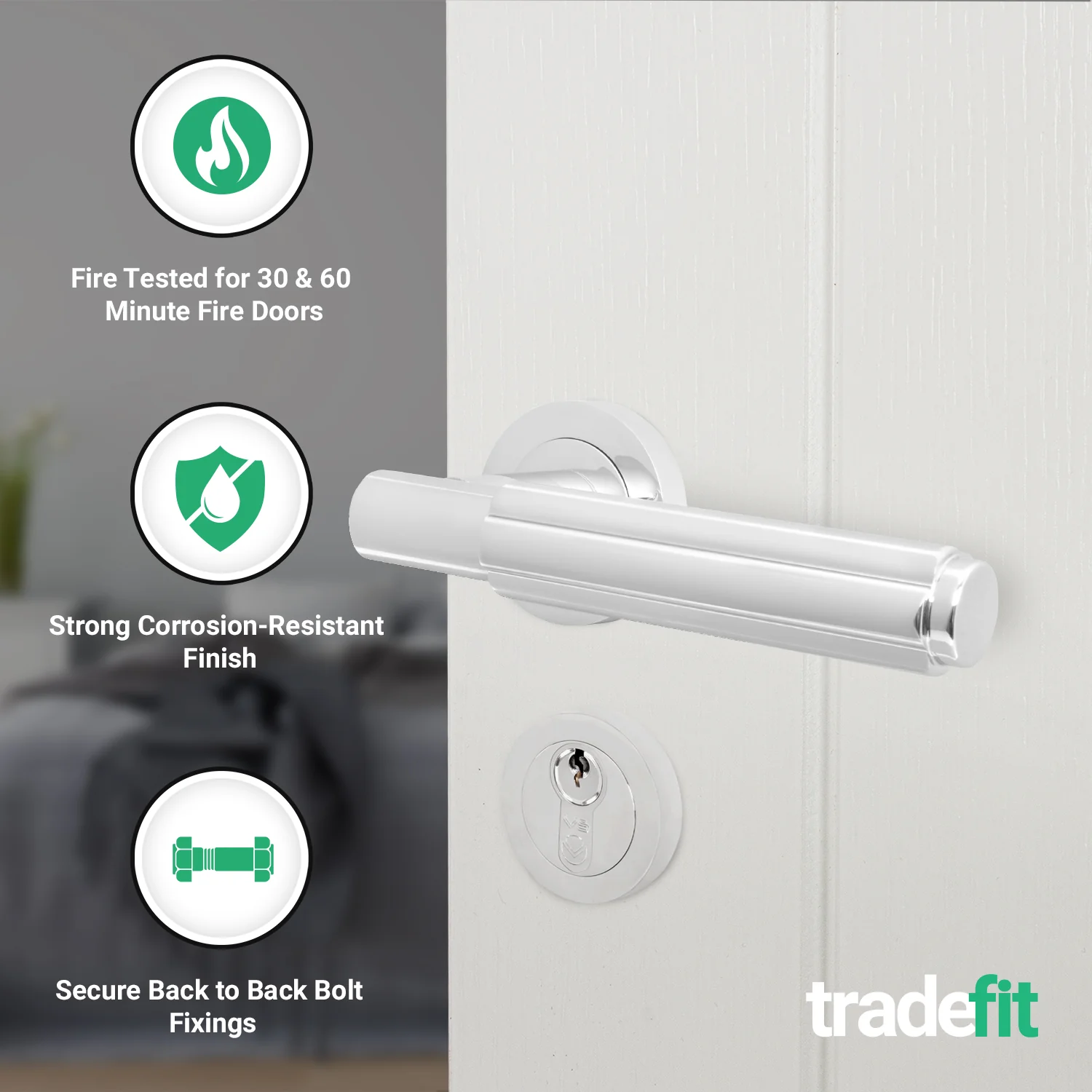 Flores Polished Chrome Lever on Rose Door Handle Kit - Medium Duty FD30/60 - 80mm Euro Sashlock and Thumbturn Cylinder - Keyed to Differ - Image 2