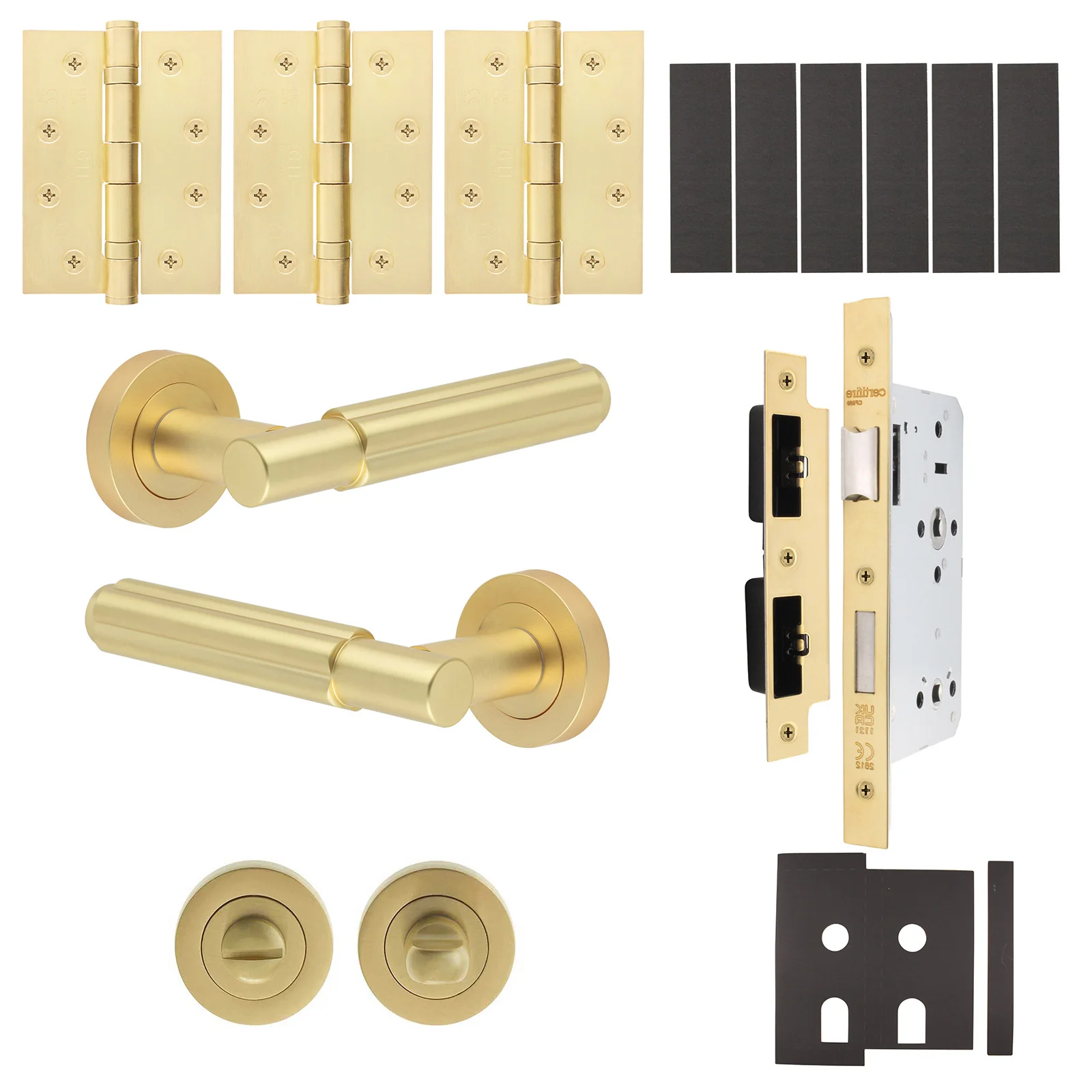 Flores Satin Brass Lever on Rose Door Handle Kit - Heavy Duty FD30/60 - DIN Bathroom Lock