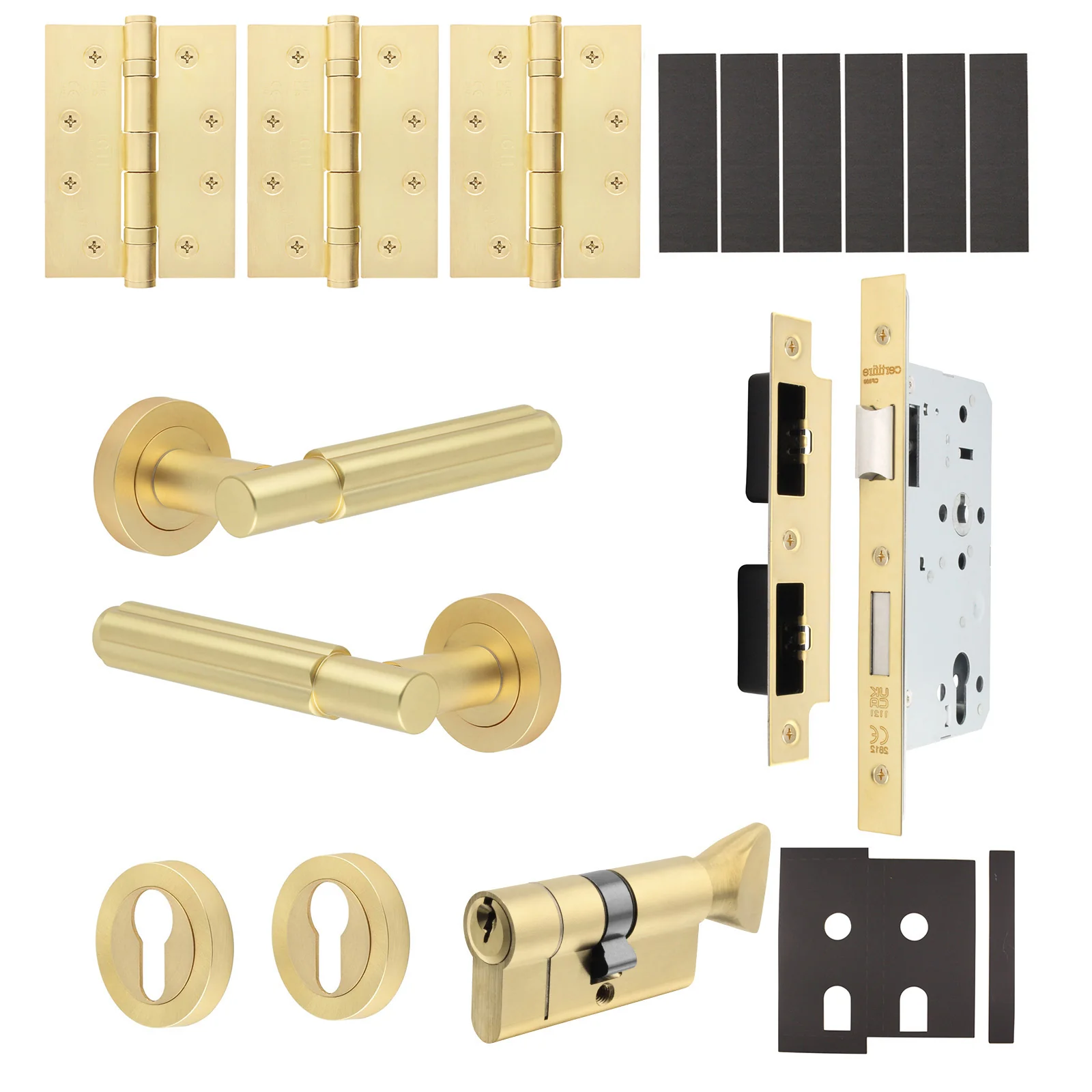 Flores Satin Brass Lever on Rose Door Handle Kit - Heavy Duty FD30/60 - DIN Euro Sashlock and Thumbturn Cylinder - Keyed Alike