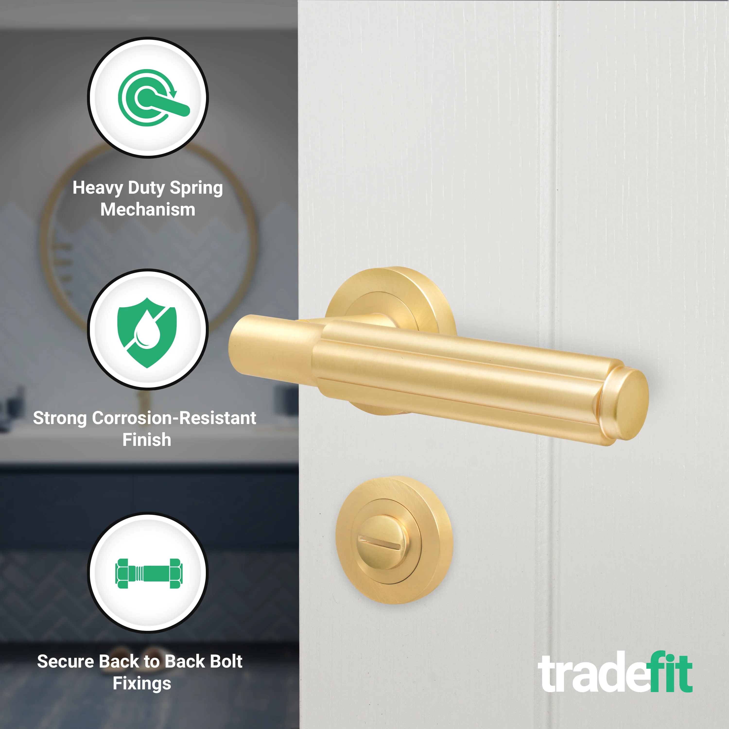 Flores Satin Brass Lever on Rose Door Handle Kit - 64mm Bathroom Lock - Image 2