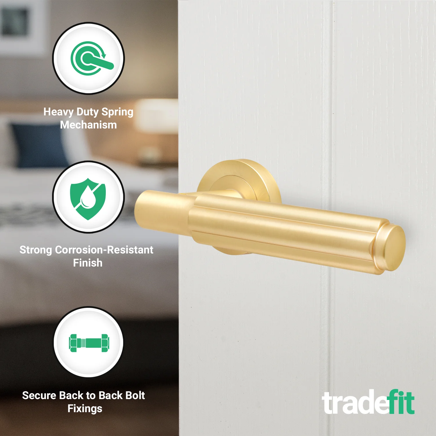 Flores Satin Brass Lever on Rose Door Handle Kit - 64mm Latch - Image 2