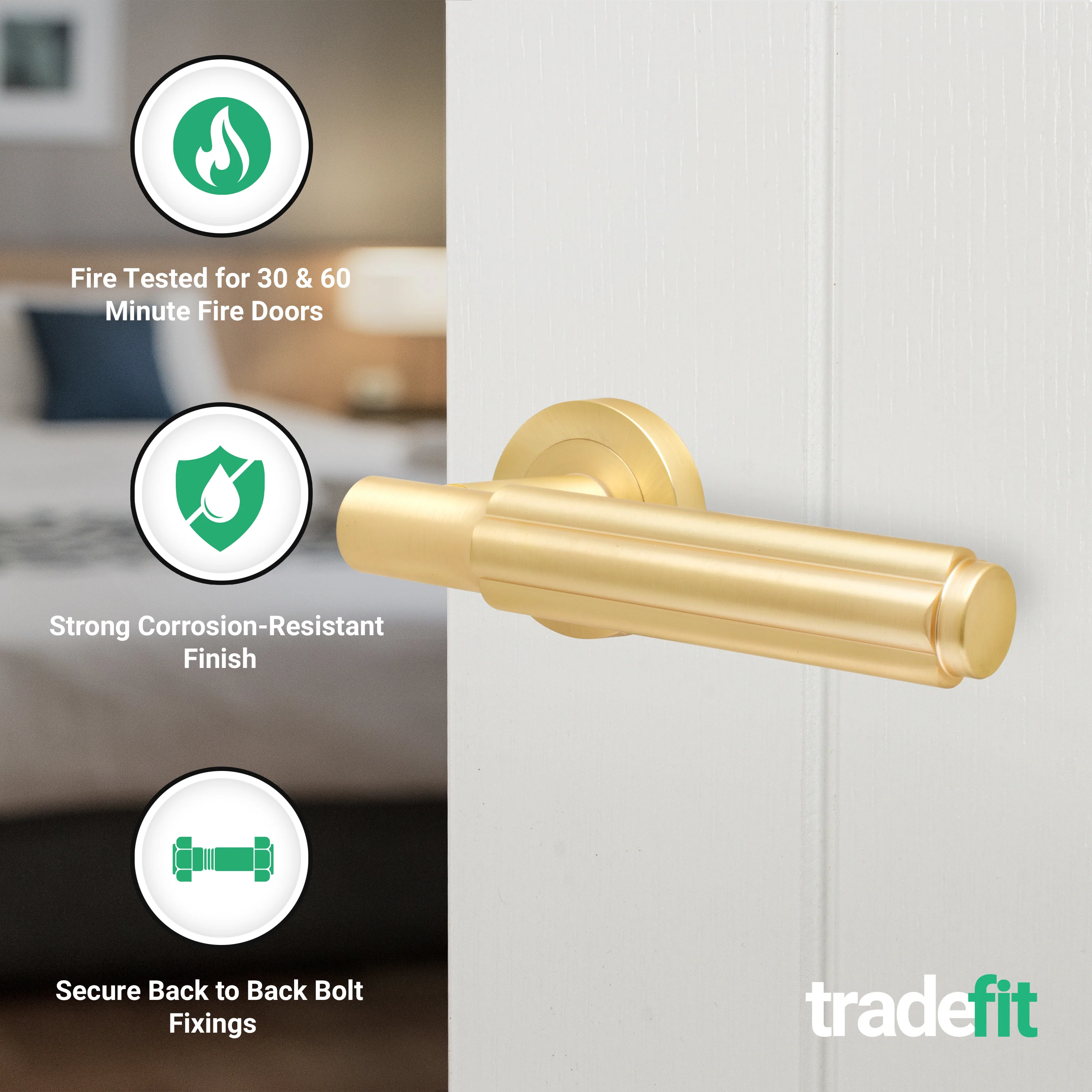 Flores Satin Brass Lever on Rose Door Handle Kit - Medium Duty FD30/60 - 76mm Latch - Image 2