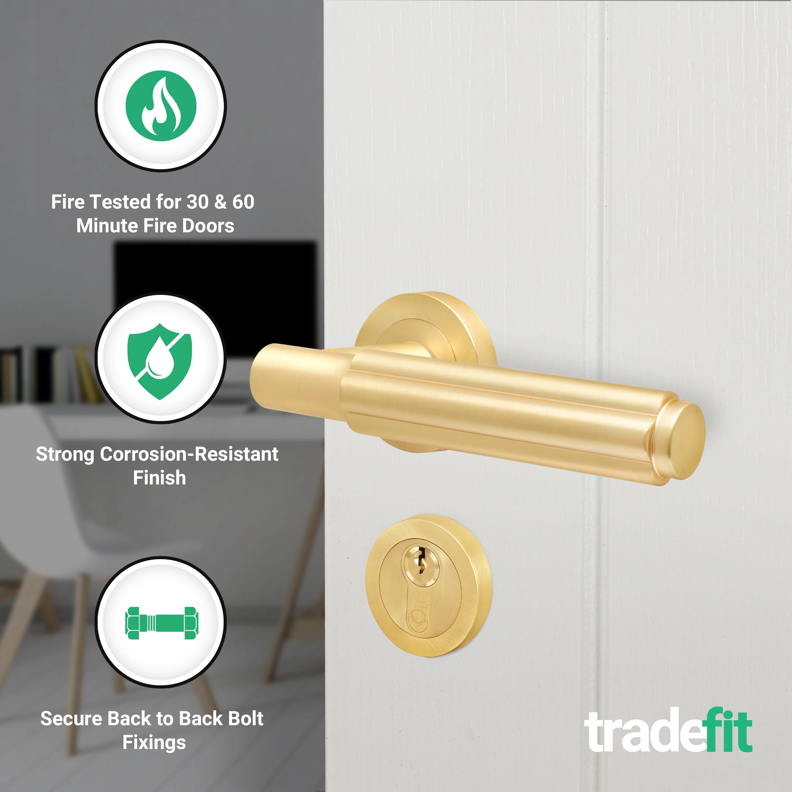 Flores Satin Brass Lever on Rose Door Handle Kit - Medium Duty FD30/60 - 80mm Euro Sashlock and Double Cylinder - Keyed Alike - Image 2