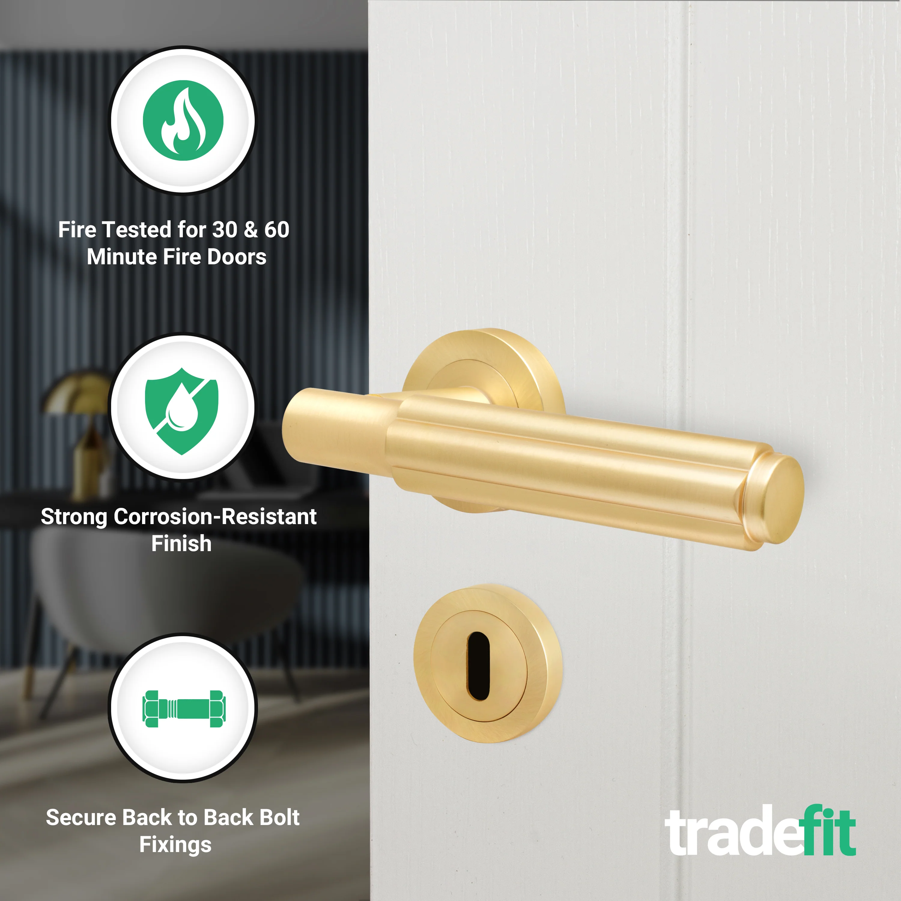 Flores Satin Brass Lever on Rose Door Handle Kit - Medium Duty FD30/60 - 80mm Sashlock - Image 2