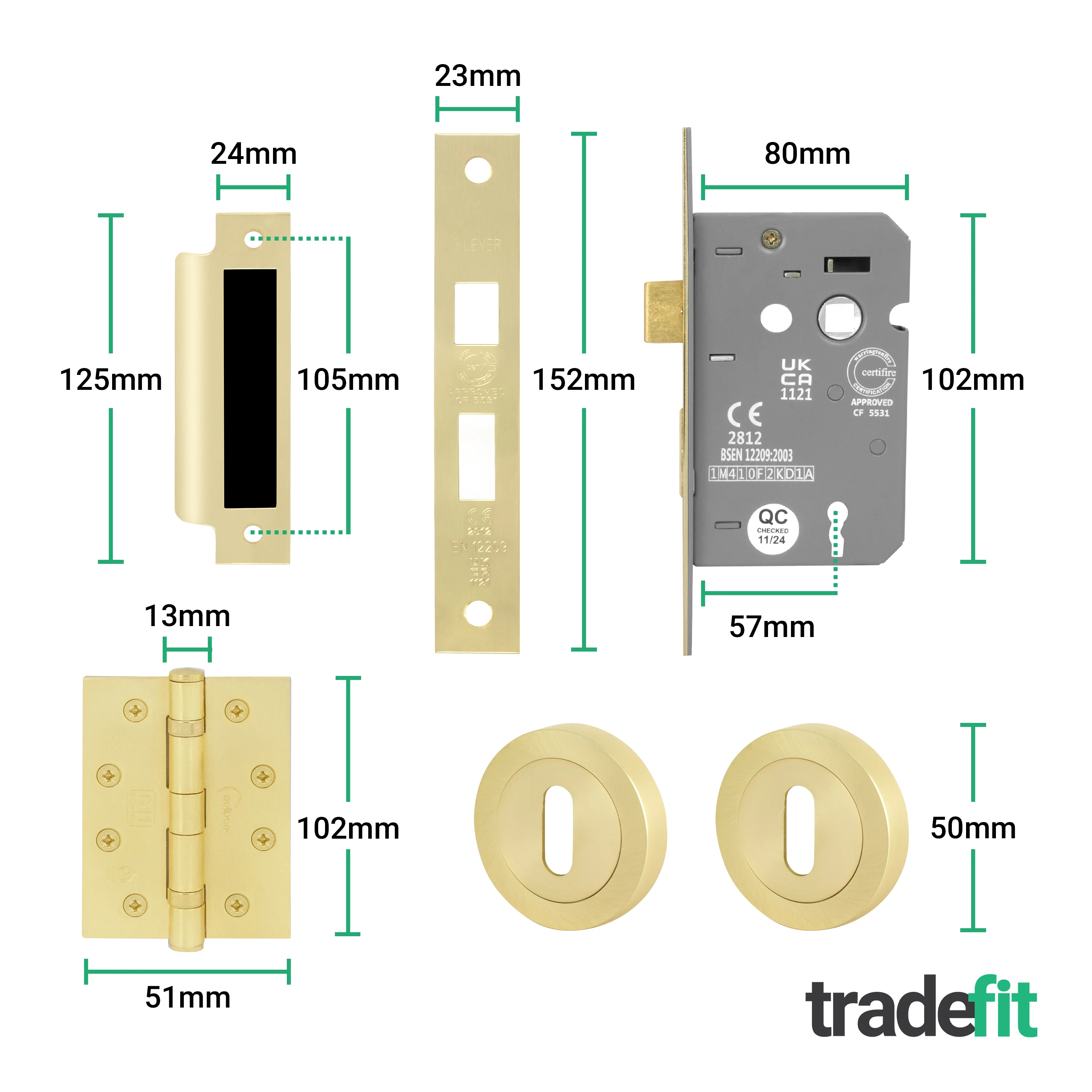 Flores Satin Brass Lever on Rose Door Handle Kit - Medium Duty FD30/60 - 80mm Sashlock - Image 5