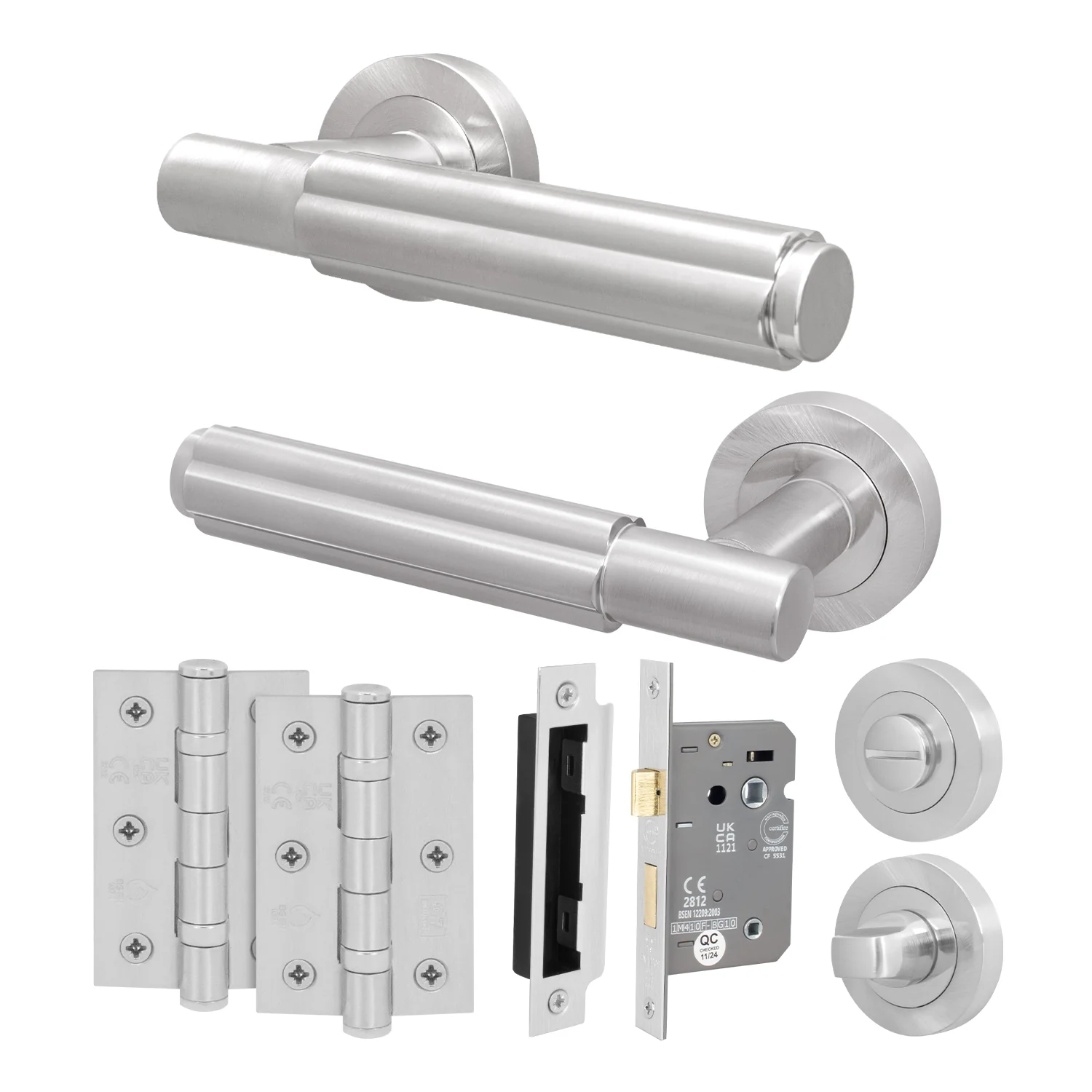 Flores Satin Nickel Lever on Rose Door Handle Kit - 64mm Bathroom Lock