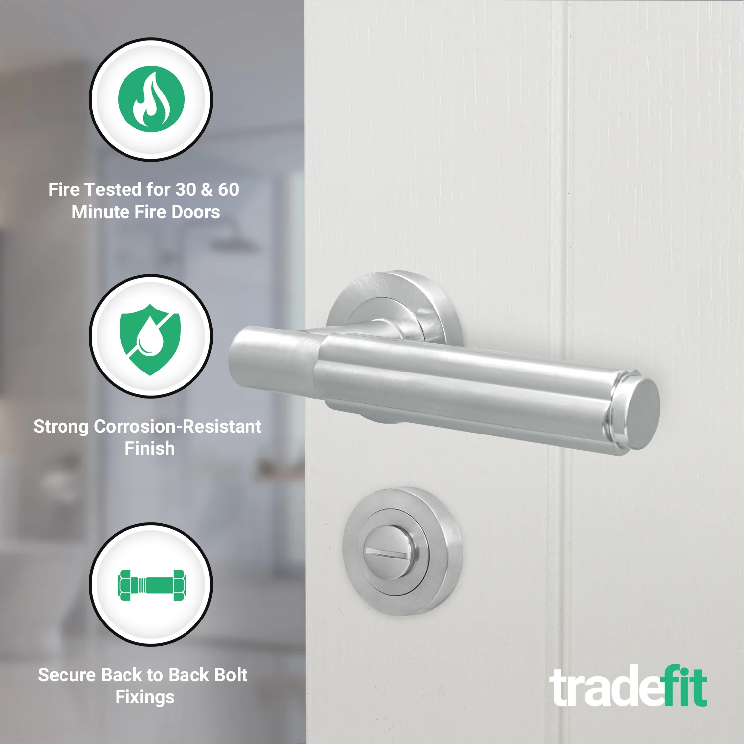Flores Satin Nickel Lever on Rose Door Handle Kit - Medium Duty FD30/60 - 80mm Bathroom Lock - Image 2