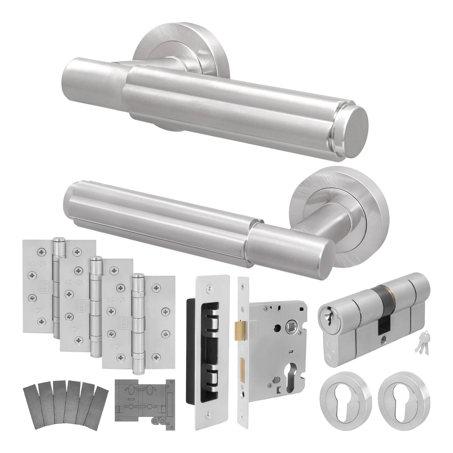 Flores Satin Nickel Lever on Rose Door Handle Kit - Medium Duty FD30/60 - 80mm Euro Sashlock and Double Cylinder - Keyed Alike