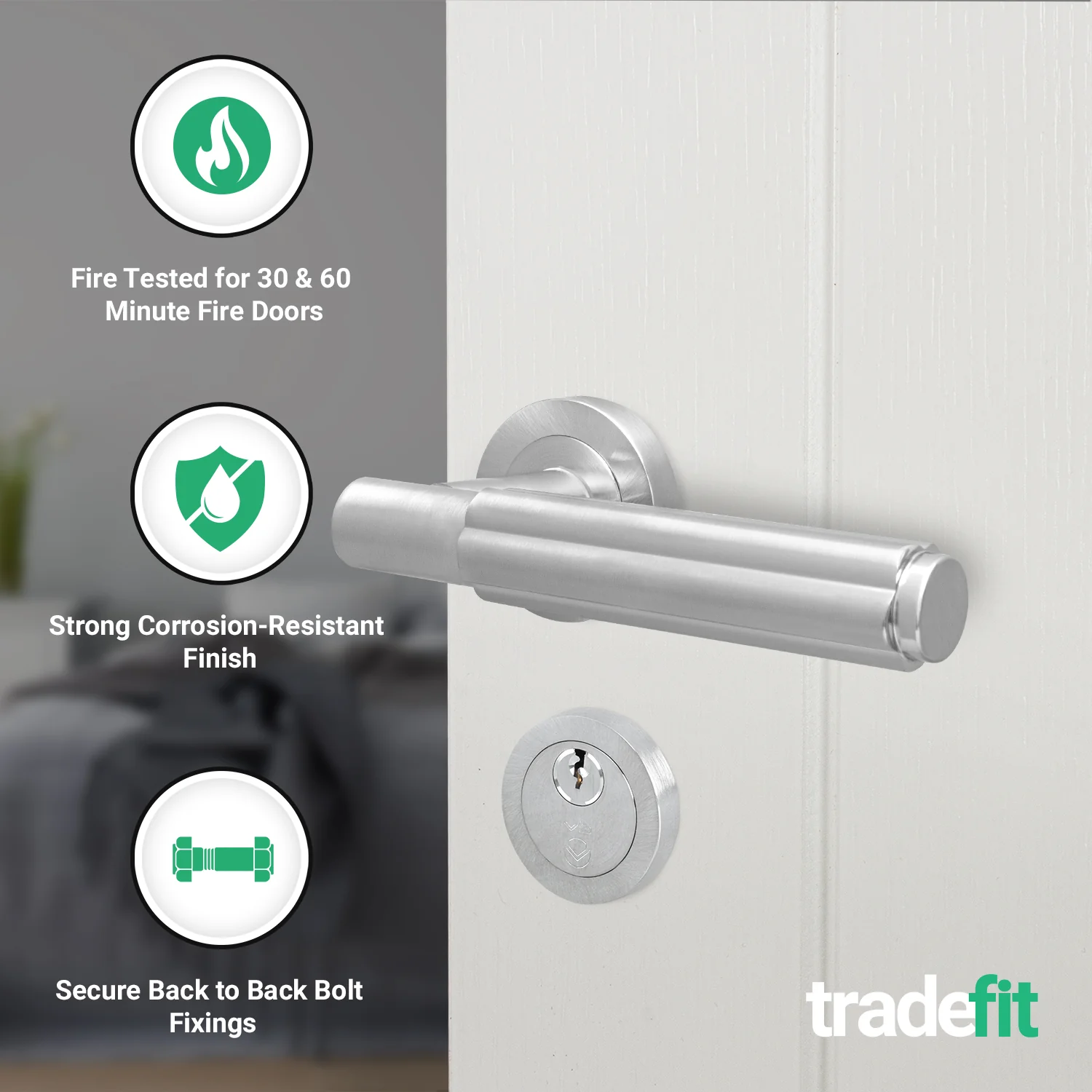 Flores Satin Nickel Lever on Rose Door Handle Kit - Medium Duty FD30/60 - 80mm Euro Sashlock and Thumbturn Cylinder - Keyed Alike - Image 2