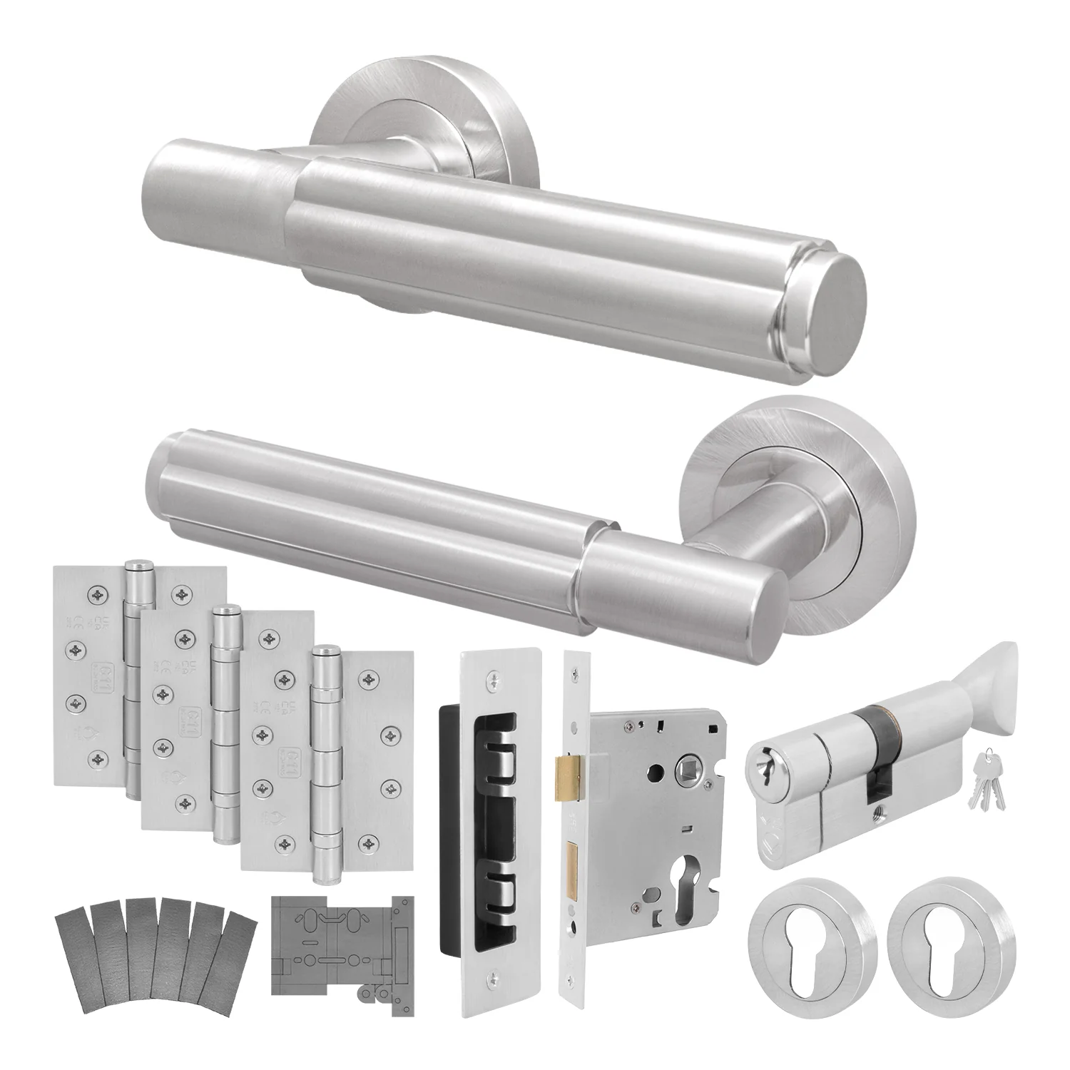 Flores Satin Nickel Lever on Rose Door Handle Kit - Medium Duty FD30/60 - 80mm Euro Sashlock and Thumbturn Cylinder - Master Keyed