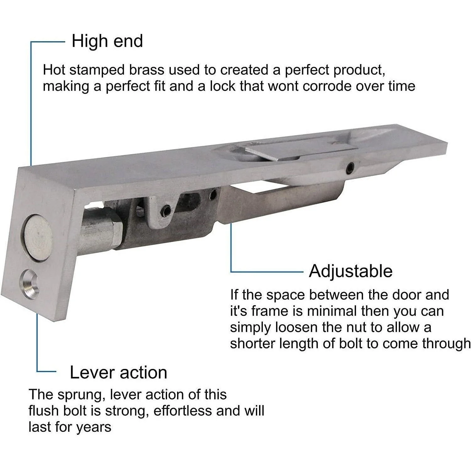 Lever Action Flush Bolt BRITISH HEAVY PATTERN - Polished Chrome - 200x19mm - Image 2