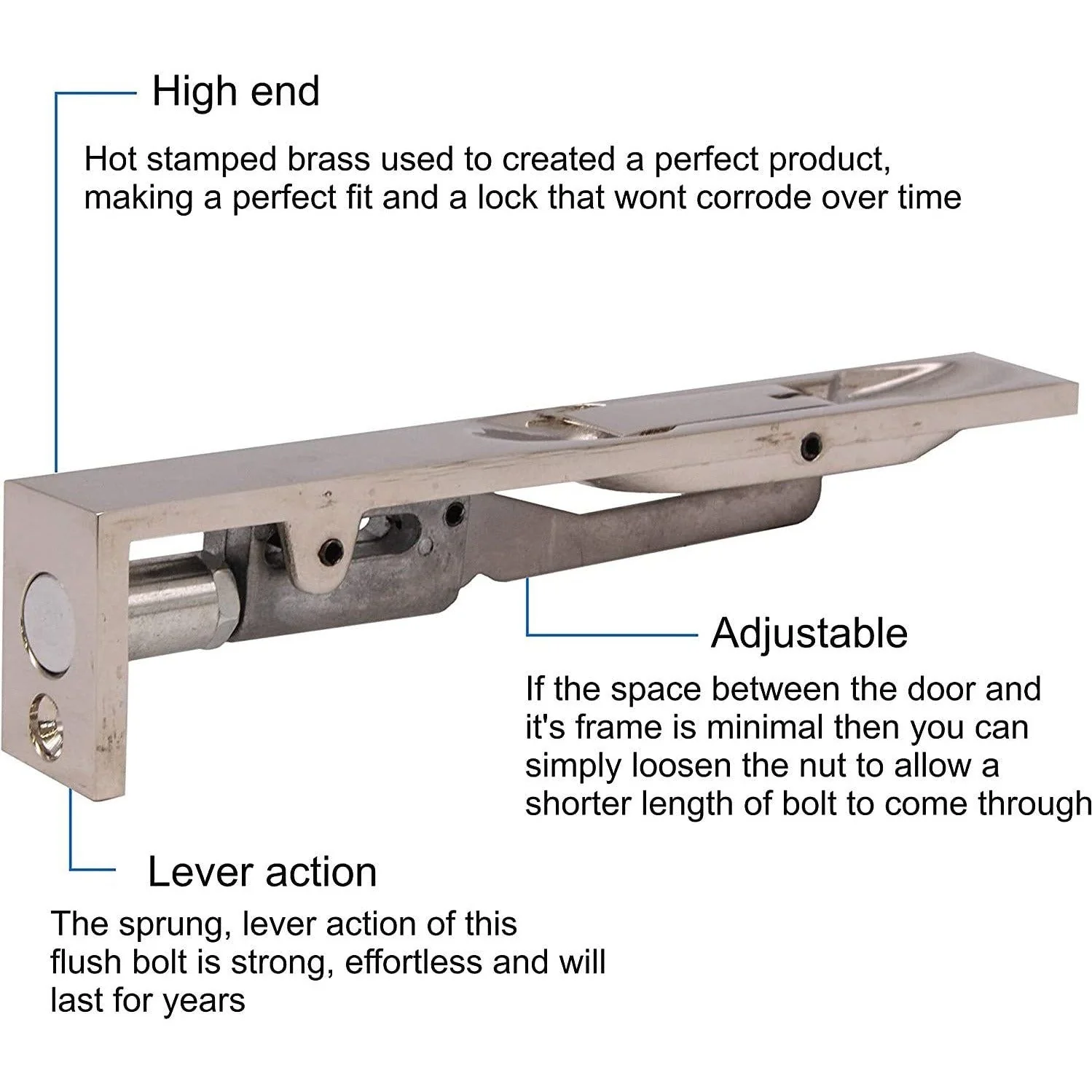 Lever Action Flush Bolt BRITISH HEAVY PATTERN - Polished Nickel - 150x19mm - Image 3