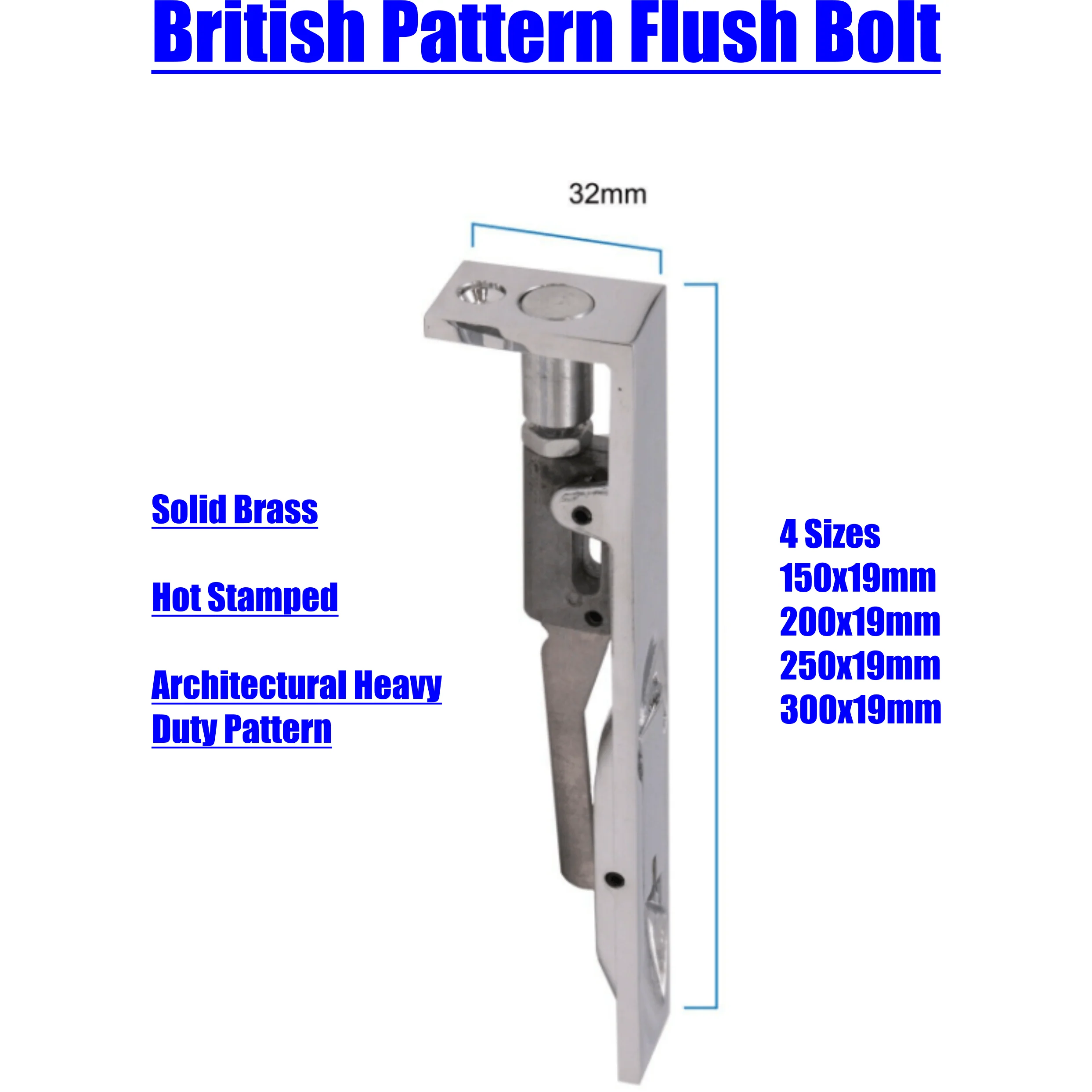 Lever Action Flush Bolt BRITISH HEAVY PATTERN - Satin Chrome - 200x19mm - Image 2