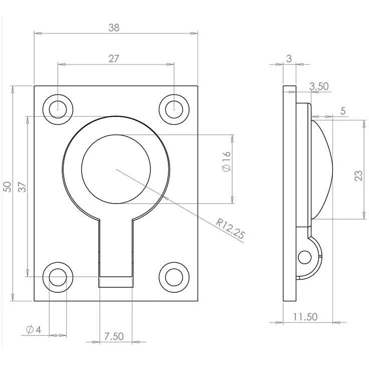 Flush Ring Cabinet Door Pull - 50x38mm - Polished Brass - Image 2