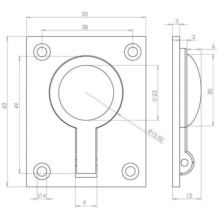Flush Ring Cabinet Door Pull - 63x50mm - Satin Chrome - Image 2