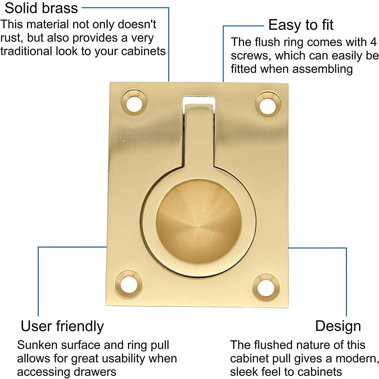 Flush Ring Pull - 38 x 50nm - Polished Brass - Image 3