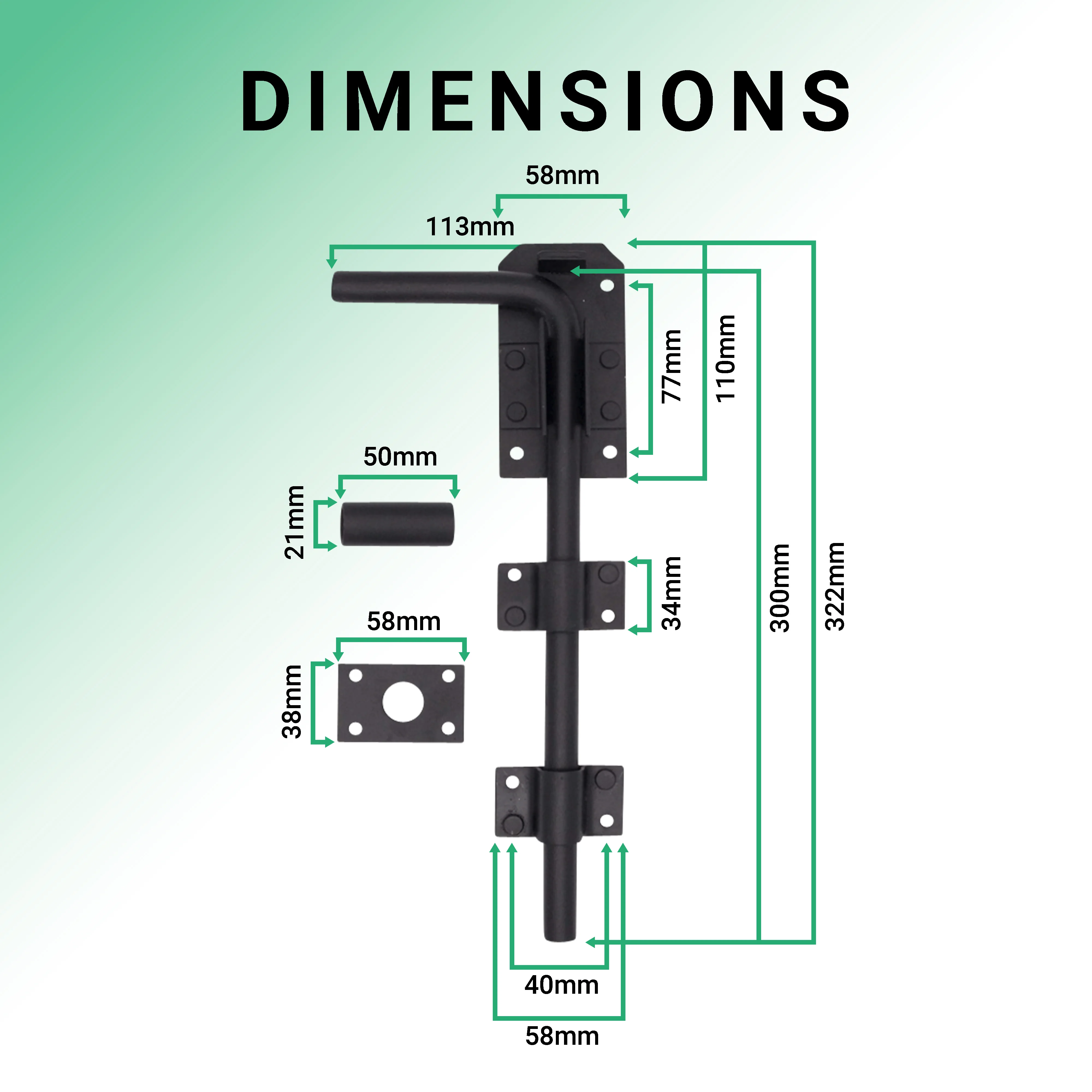 Gate Garage Drop Down Bolt Fixings & 2 Socket Types - 300mm / 12 inch - Black - Image 3