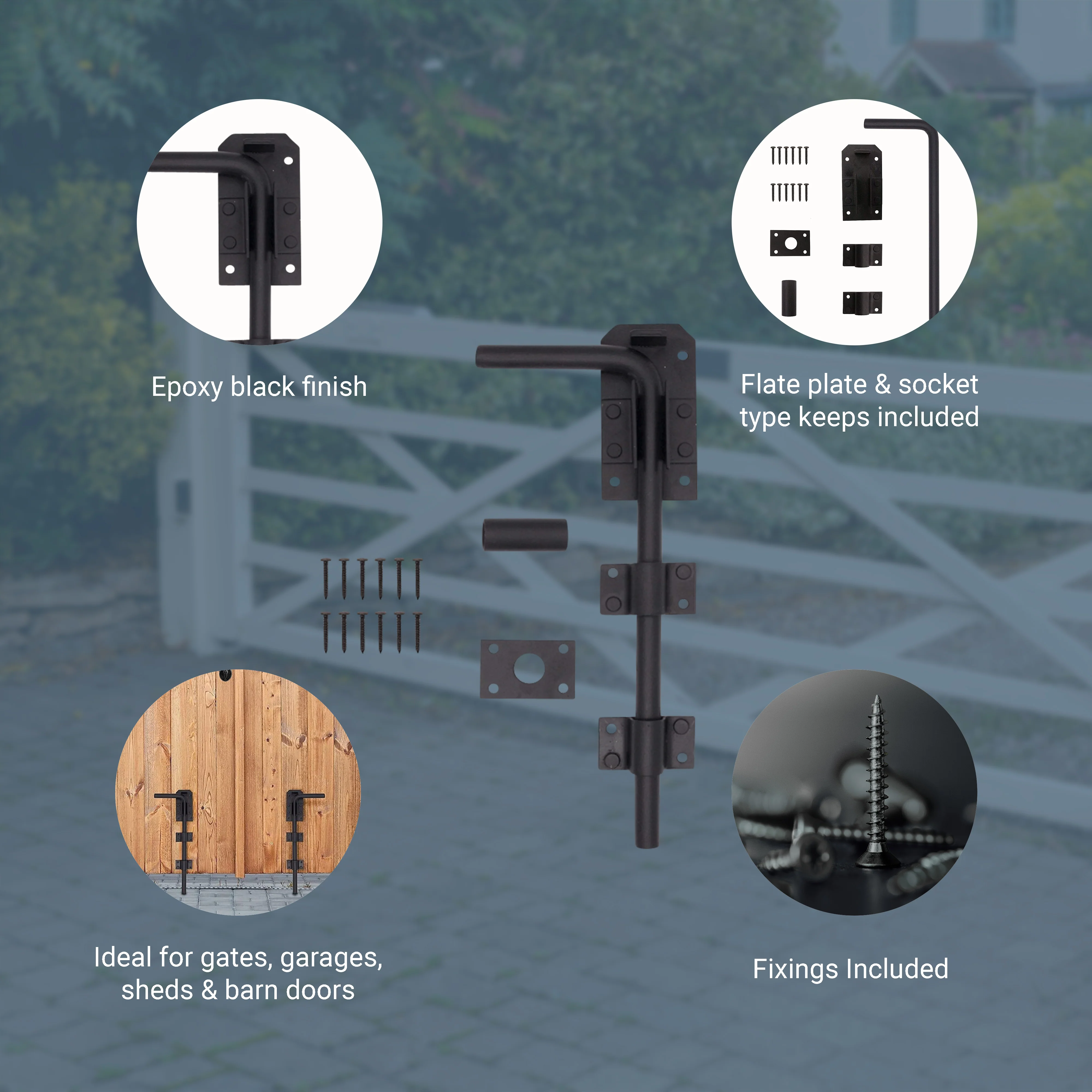 Gate Garage Drop Down Bolt Fixings & 2 Socket Types - 300mm / 12 inch - Black - Image 4