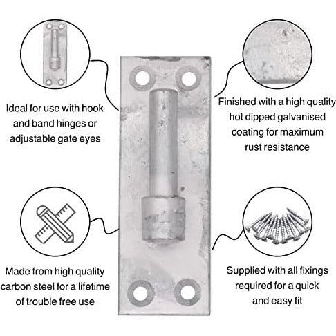 Gate Hinge Pin On Rectangular Plate Bracket - 115 x 40mm 12mm Diameter Pin - Hot Dip Galvanised - Pack of 2 (Pair) - Image 3