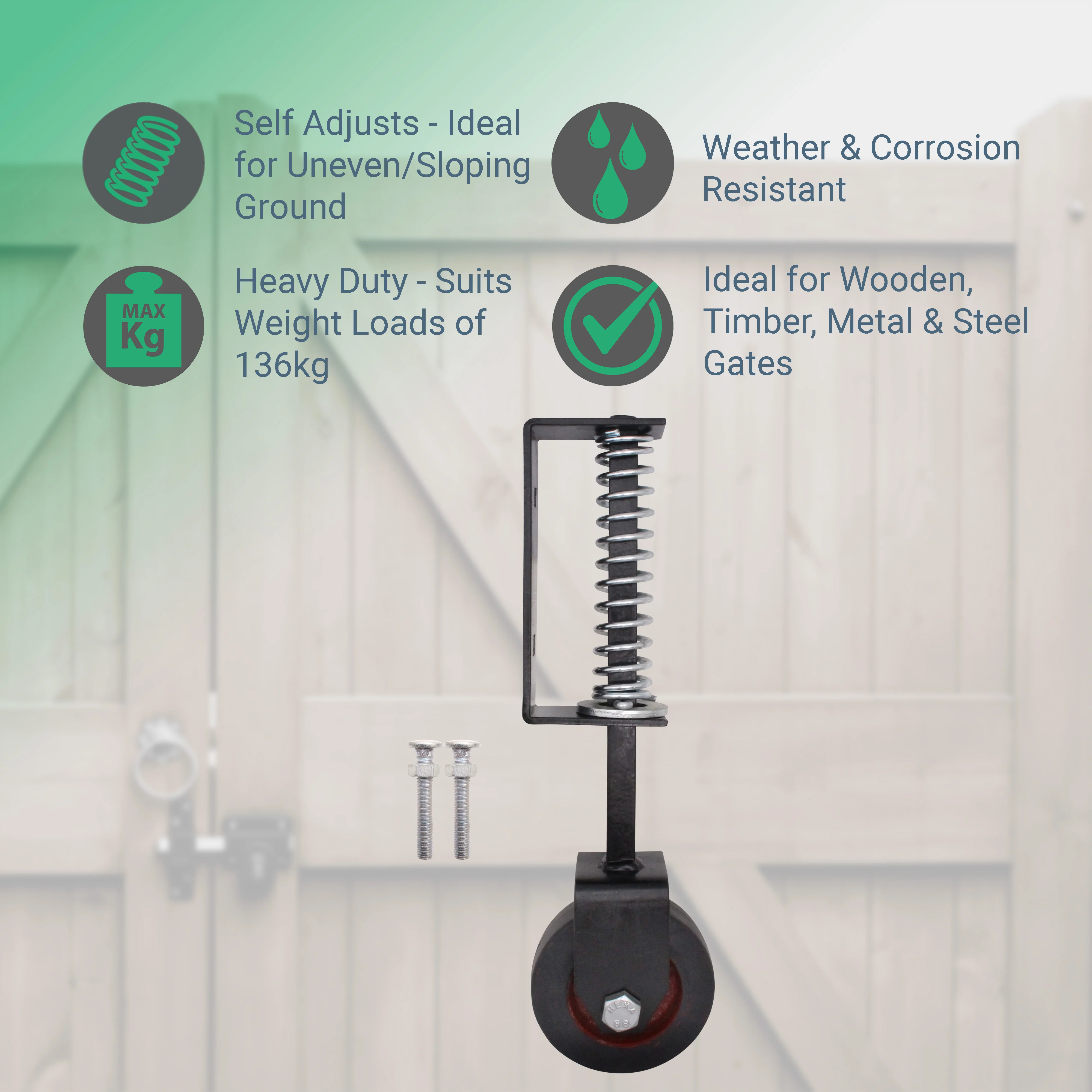Heavy Duty Spring Loaded Gate Garage Door Wheel on Castor - 102mm - 138kg Load - Black - Image 3