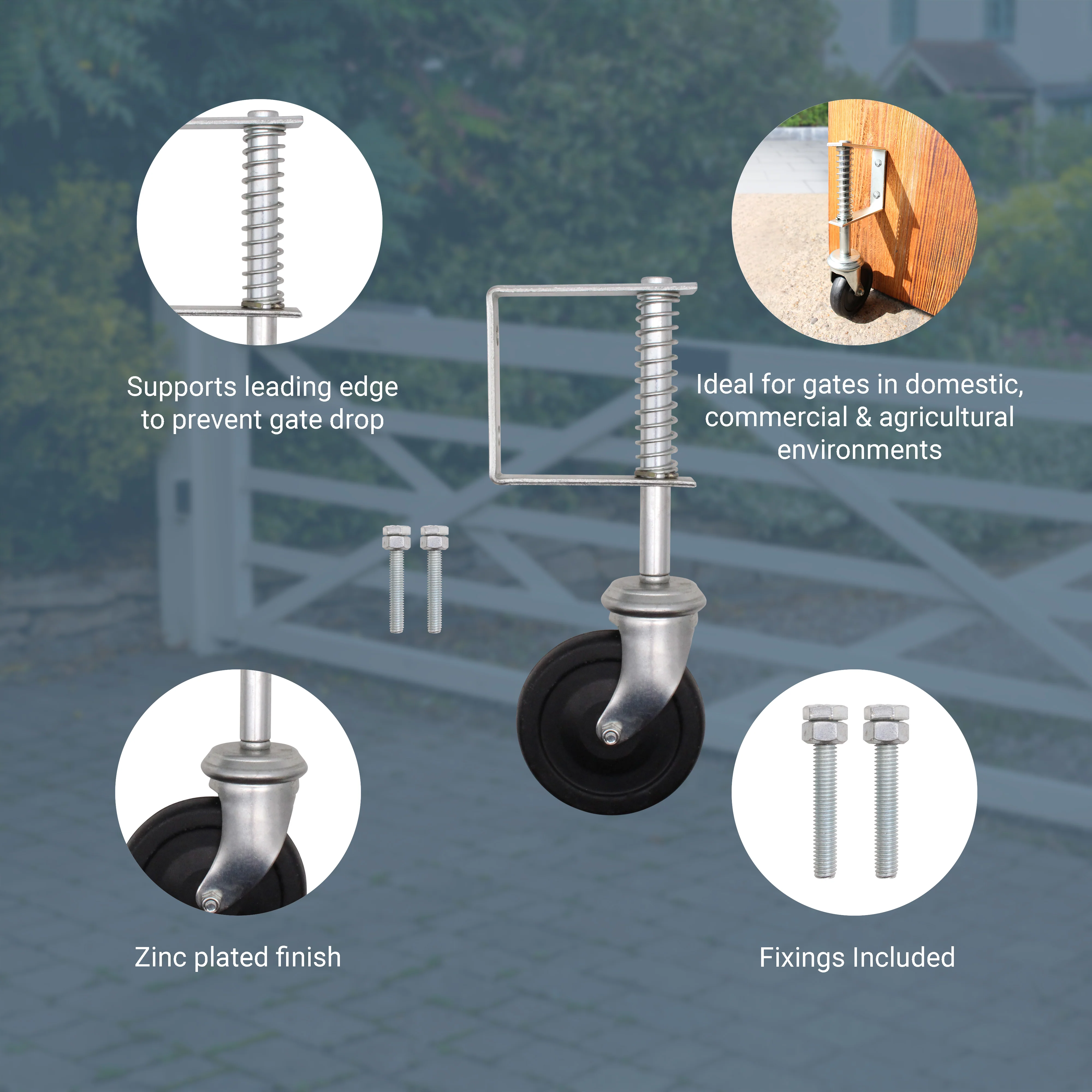 Heavy Duty Spring Loaded Gate Garage Door Wheel on Castor - 102mm - 90g Load - Zinc Plated - Image 4
