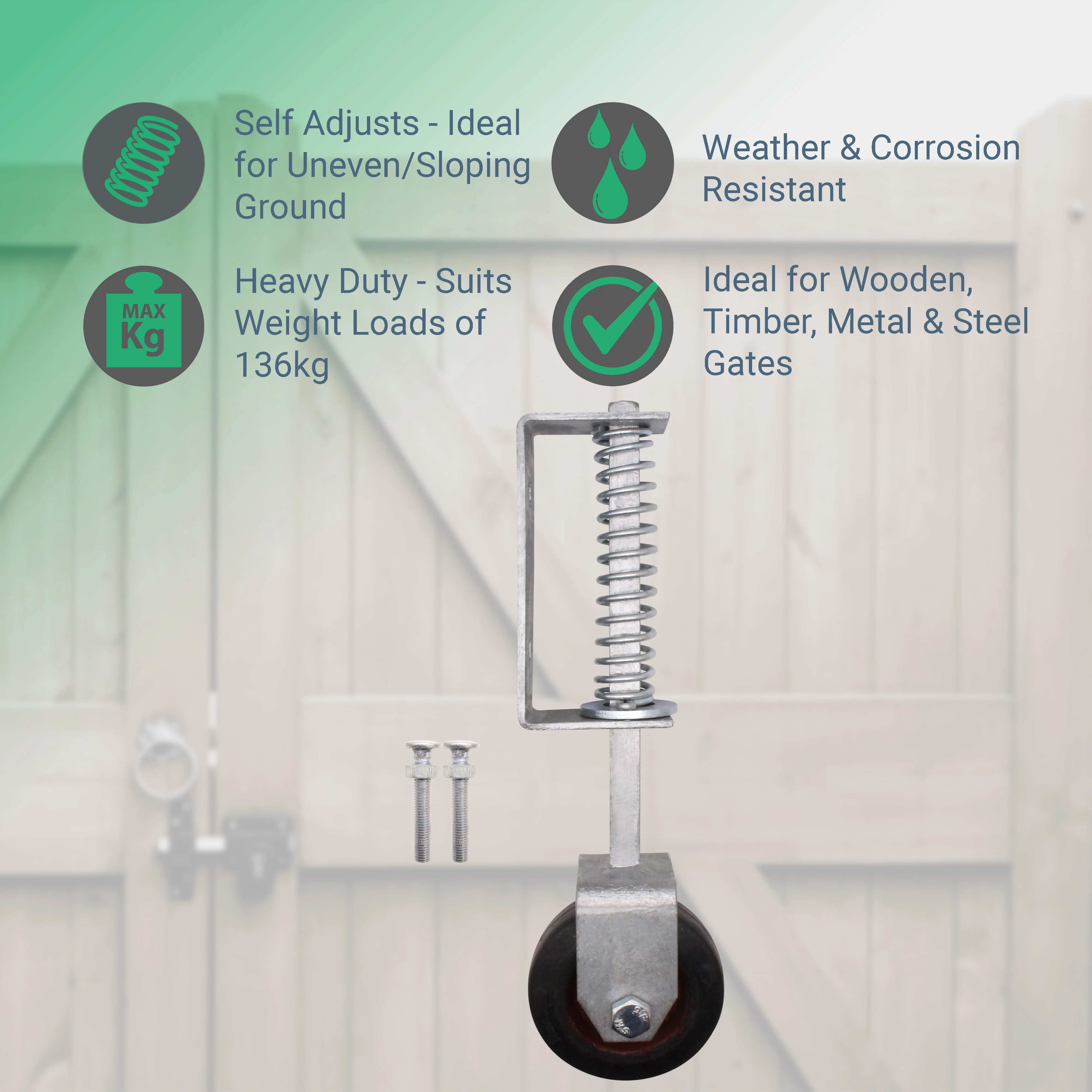 Heavy Duty Spring Loaded Gate Garage Door Wheel on Castor - 102mm - 138kg Load - Galvanised - Image 3