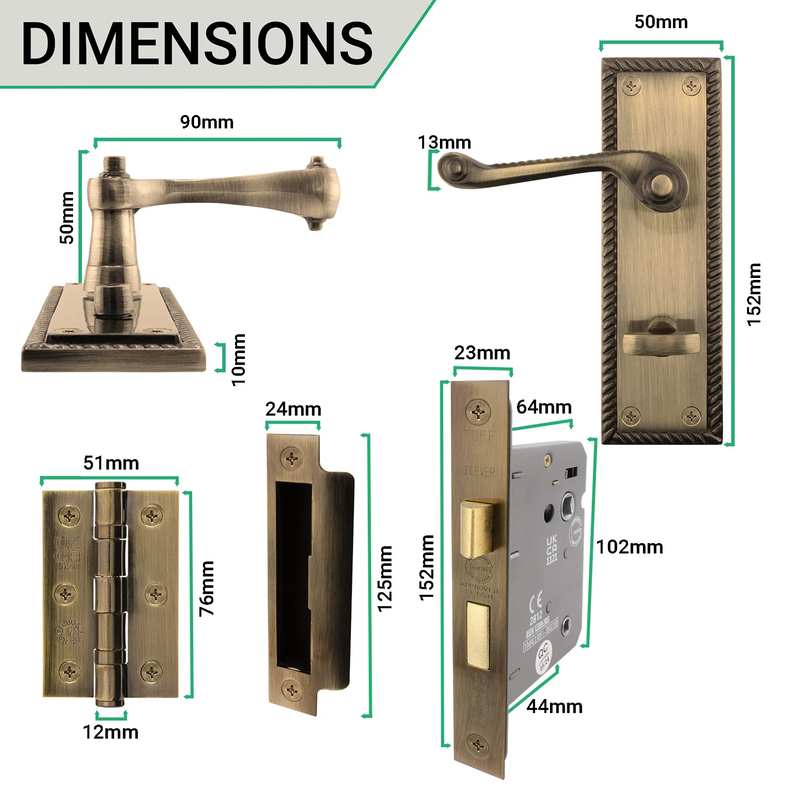 Georgian Rope Edge Scroll Antique Brass Door Handle Pack - 64mm Bathroom - Image 3